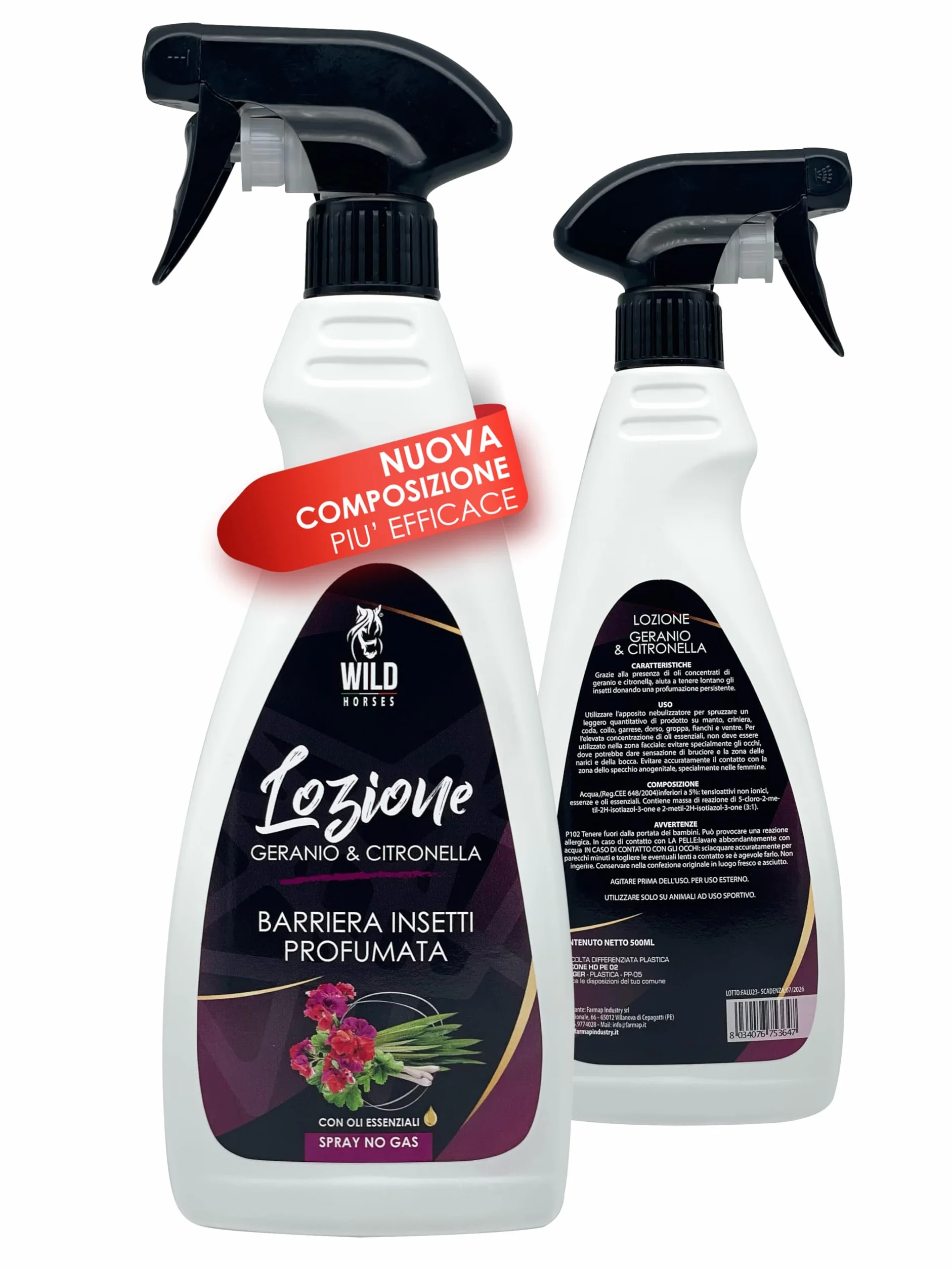 Wild Horses Lozione Spray Repellente Zanzare e Antiparassitario per Cavalli 500ml Naturale Made in Italy Geranio e Citronella