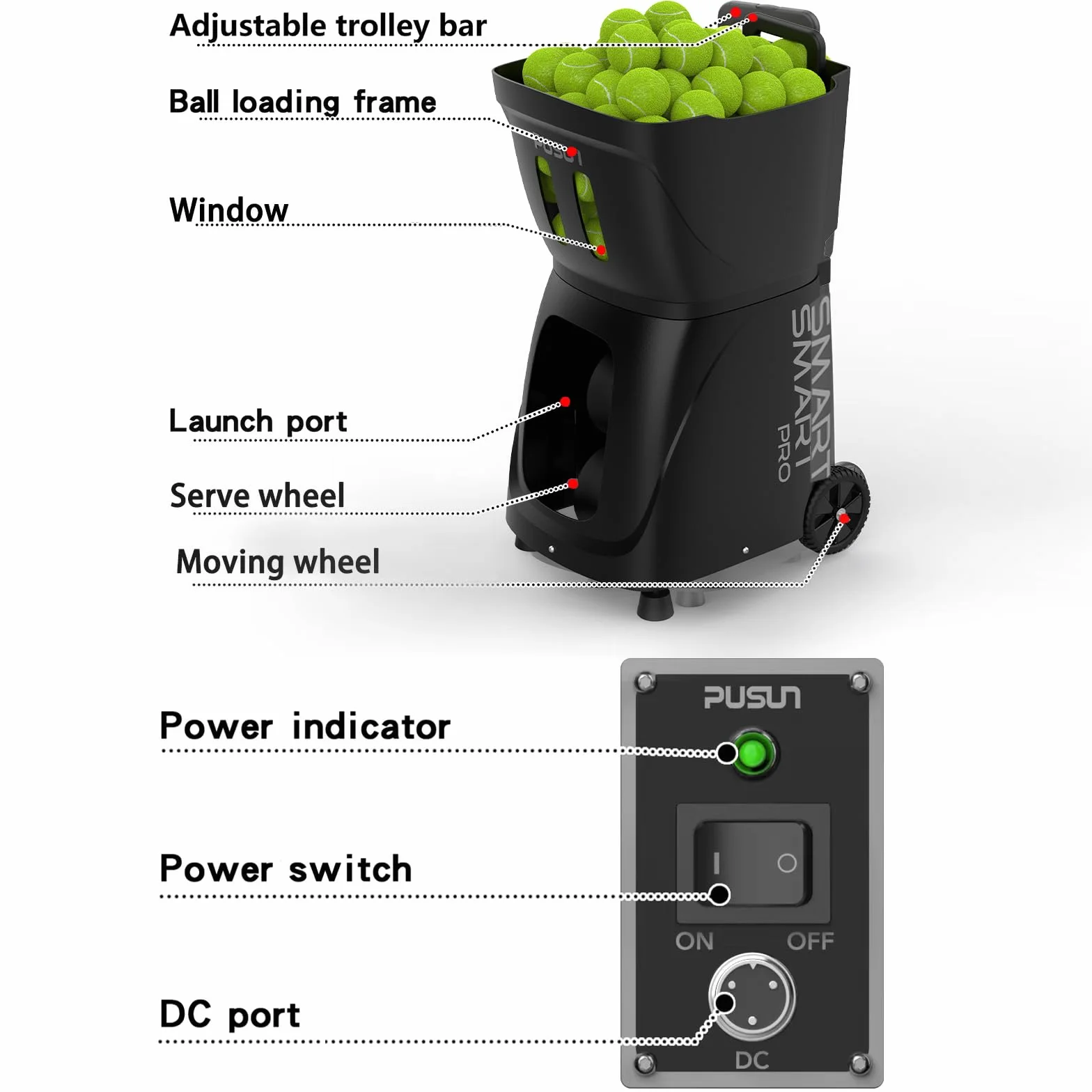 PT Smart PRO Padel Ball Machine, App-Controlled, Portable Ball Launcher, 20 Landing Points, 3-40m Range