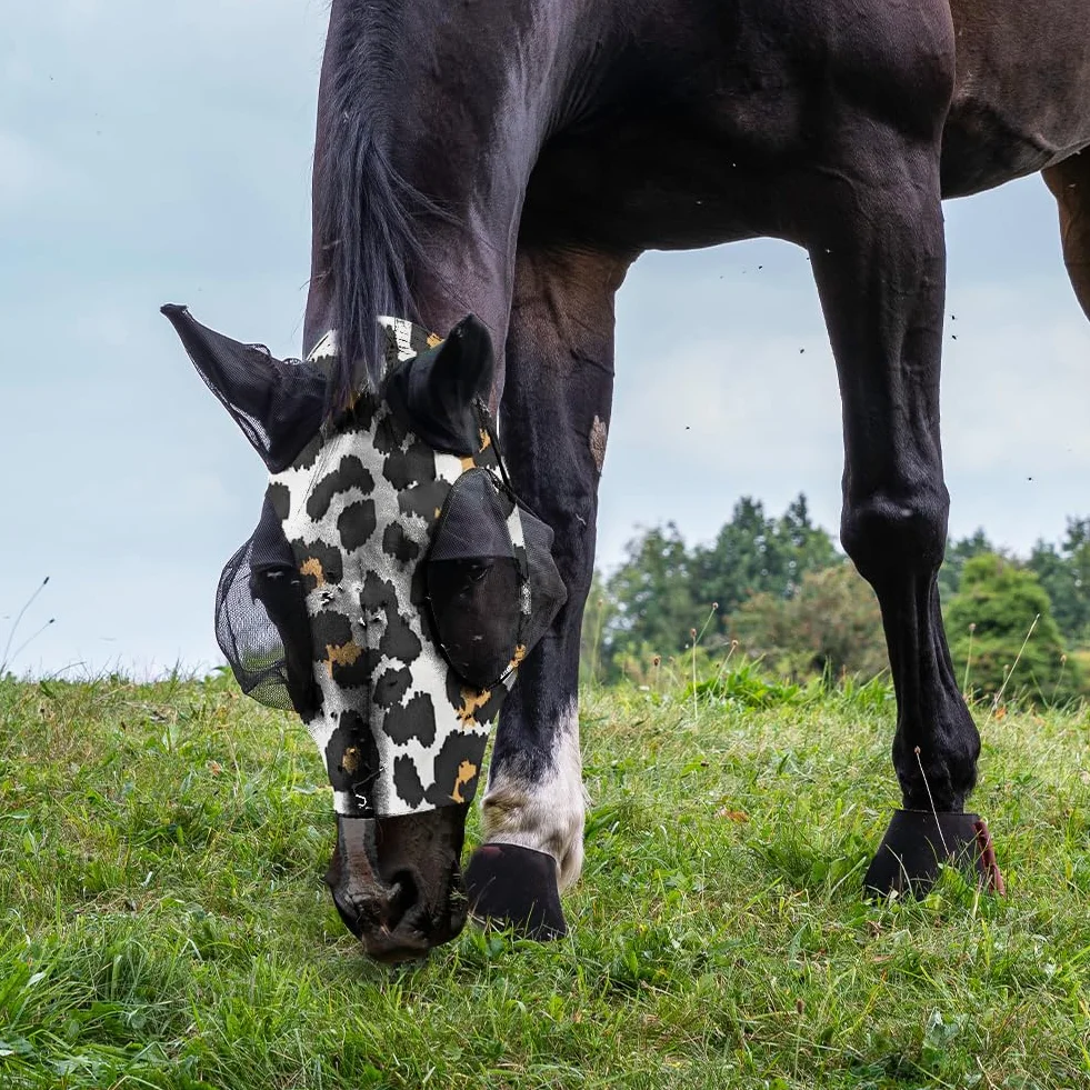 Maschera Antimosche per Cavallo, Maschera Mosche Cavallo Rete Morbida con Paraorecchie, Elasticità Maschera da Mosca per Cavallo con Protezione UV, Anti Mosca, Zanzare(stampa leopardata)