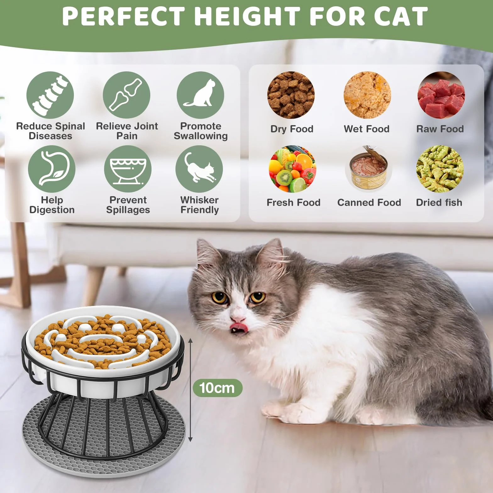 Ciotola Anti Ingozzamento Gatto Rialzata, Ciotola Gatti Anti-imbracatura in Ceramica con Supporto e Ttappetino Antiscivolo, Ciotole Alimentazione Mangiare Lentamente per Gatti e Cani Piccoli