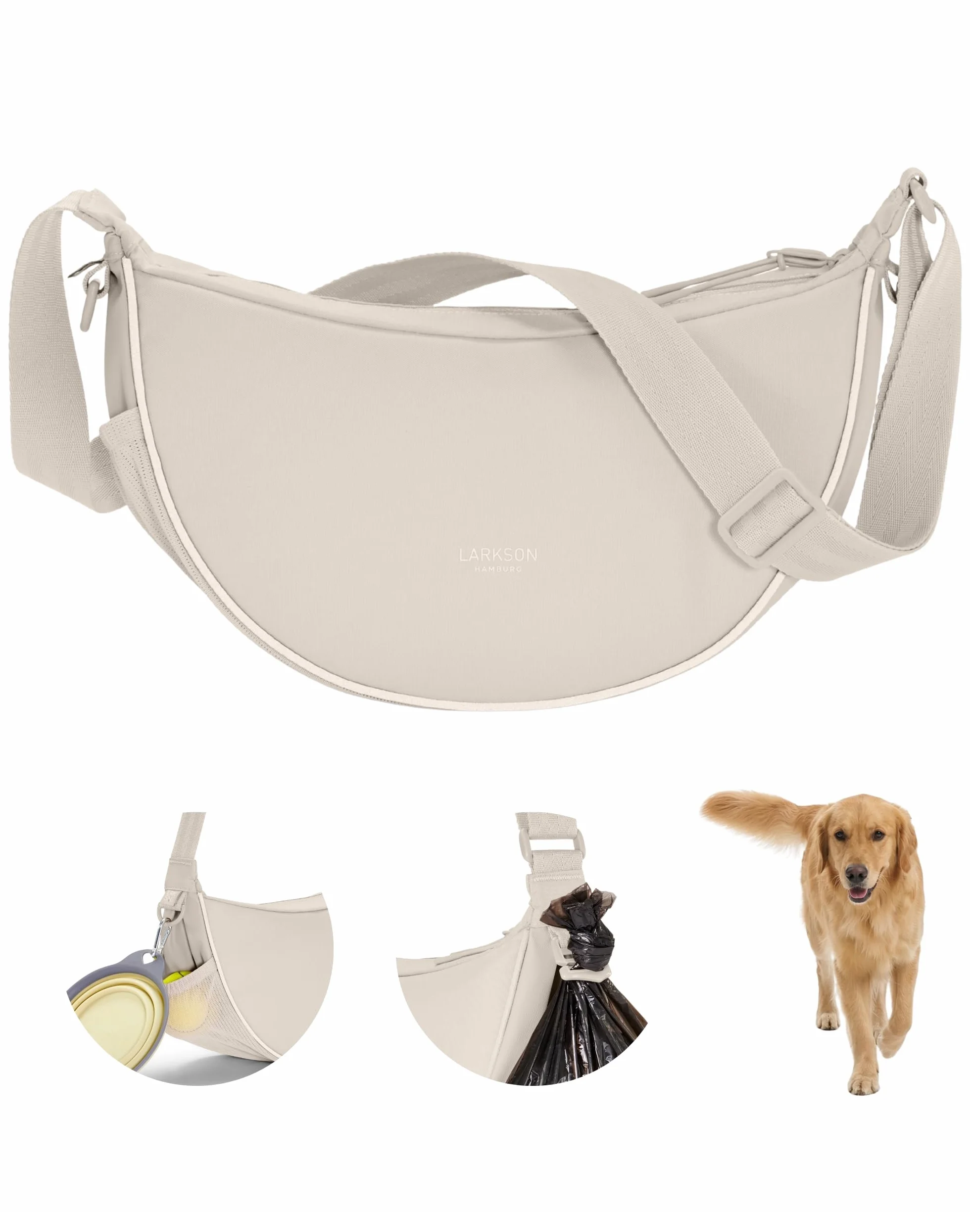 LARKSON Half Moon Bag Borsa per Cani Beige - Fiete - Sacchetti per Addestramento Cani - Tasca Porta Snack con Dispenser di Sacchetti per i Bisogni - Borsa Riflettente per Passeggiate - Idrorepellente