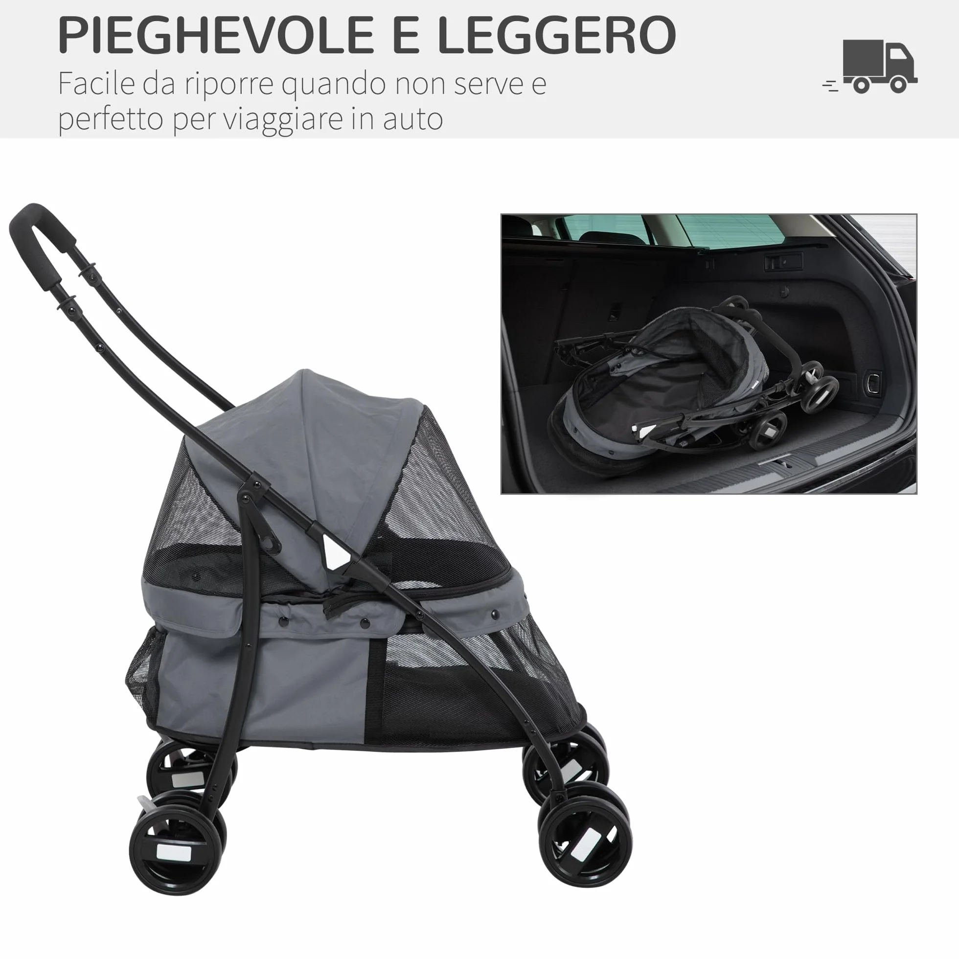 PawHut Passeggino per Cani Pieghevole con Tettuccio Regolabile, Borsa e 2 Guinzagli, Passeggino per Animali in Tessuto Oxford e Acciaio, 82x47x97 cm, Grigio e Nero