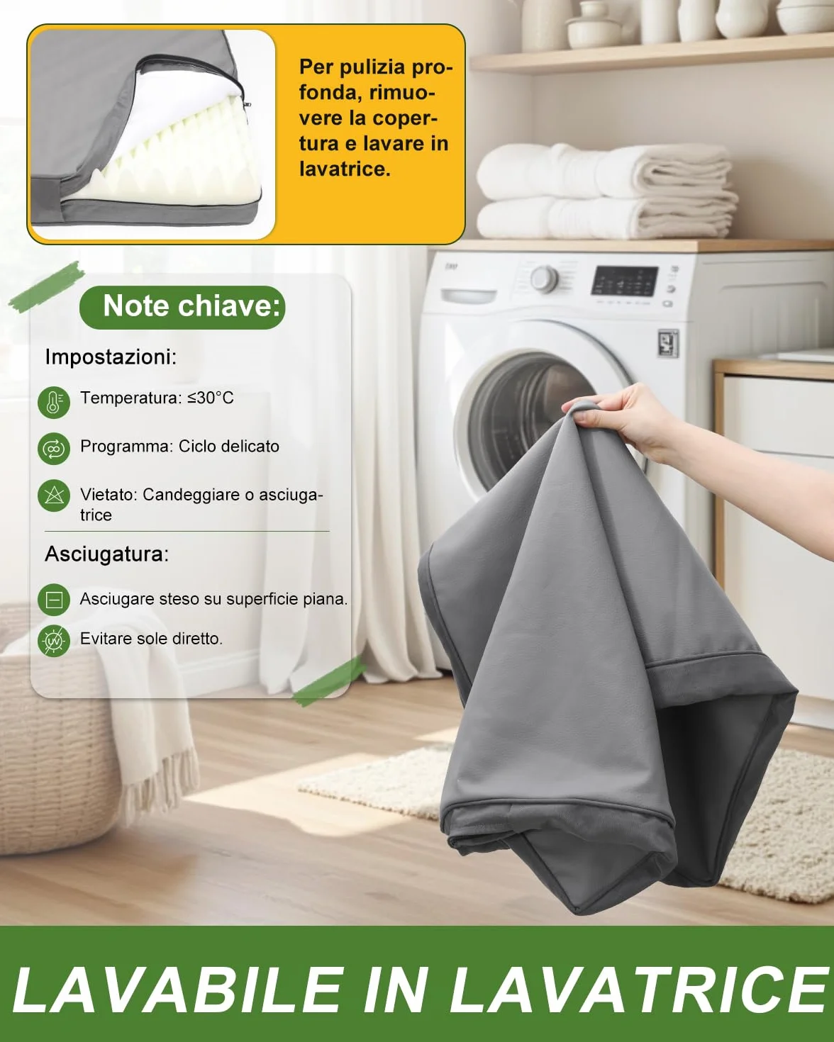 Ortopedica Cuccia Cane Interno Impermeabile in Ecopelle Lavabile Taglia Grande 104x68x8cm Grigio