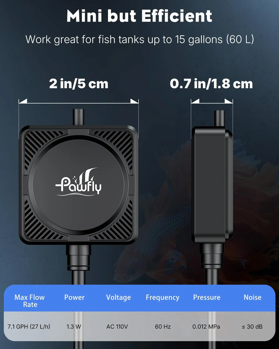 Pawfly Pompa Aria Acquario 450 mL/min 1.3 W, Ultra Silenziosa Mini Bollitore per Vasche fino a 60 L, Ossigenatore Portatile con Tubo, Pietra Porosa, Valvola di Non Ritorno
