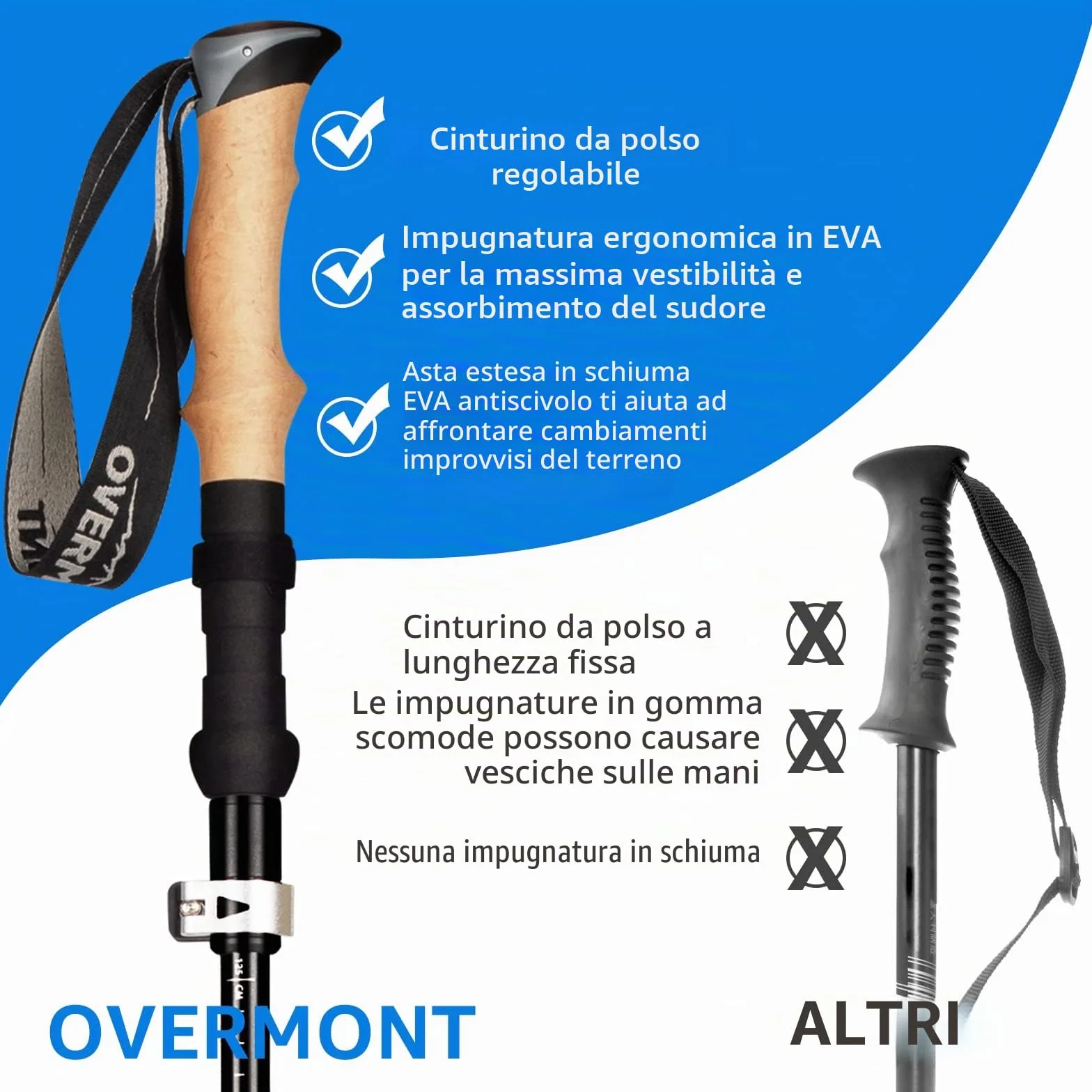 Overmont Bastoni Trekking Pieghevole Regolabile 105-125cm 1 Paio Ultraleggeri Nordic Walking Manico in Sughero