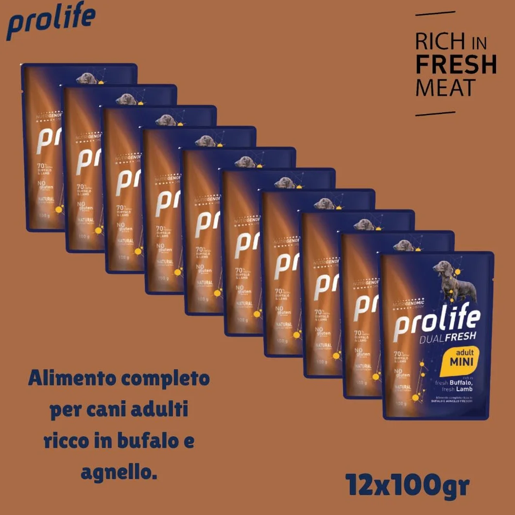 Prolife Umido Cane Dualfresh Adult Bufalo e Agnello, alimento completo per cani adulti di tutte le taglie,gusto Bufalo e Agnello | 12 bustine da 100 grammi l’una.
