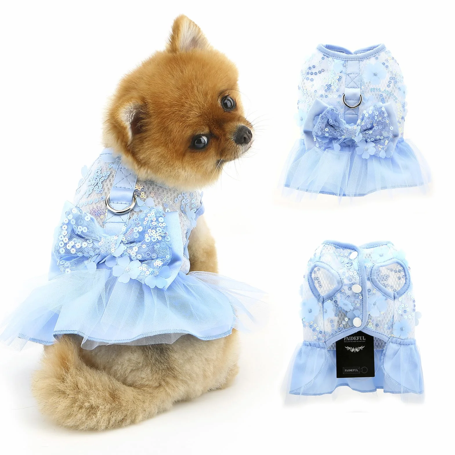 PAIDEFUL Vestito per cani, vestito di lusso con fiocco da principessa, per ragazze e cani, gonna per animali domestici in rete con paillettes, fiori, gatti, cuccioli, abiti per feste di nozze,