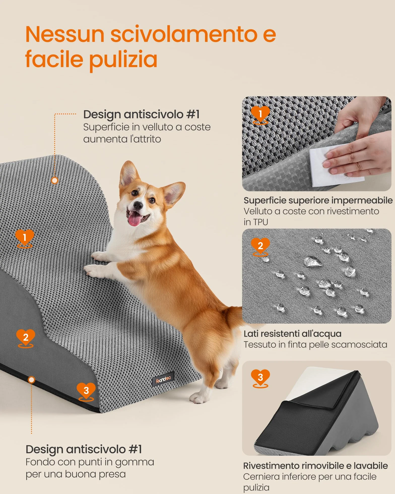 Feandrea Scala a 3 Gradini per Cani in Velluto Goffrato, Antiscivolo e Impermeabile, Copertura Lavabile, Grigio Tortora
