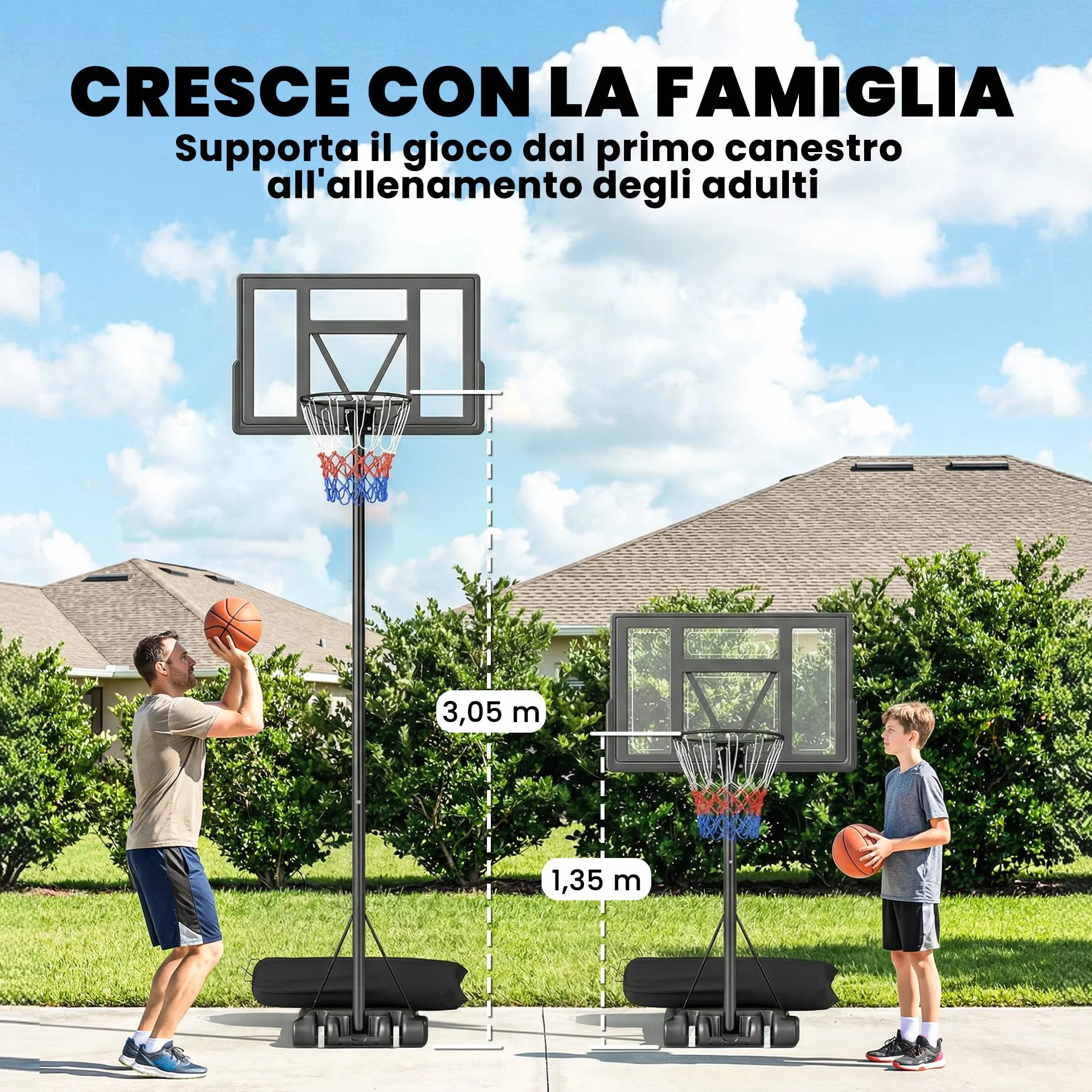 SPORTNOW Canestro Basket Esterno Regolabile in Altezza 135-305 cm, con Ruote, Base Riempibile, Tabellone Infrangibile, Nero