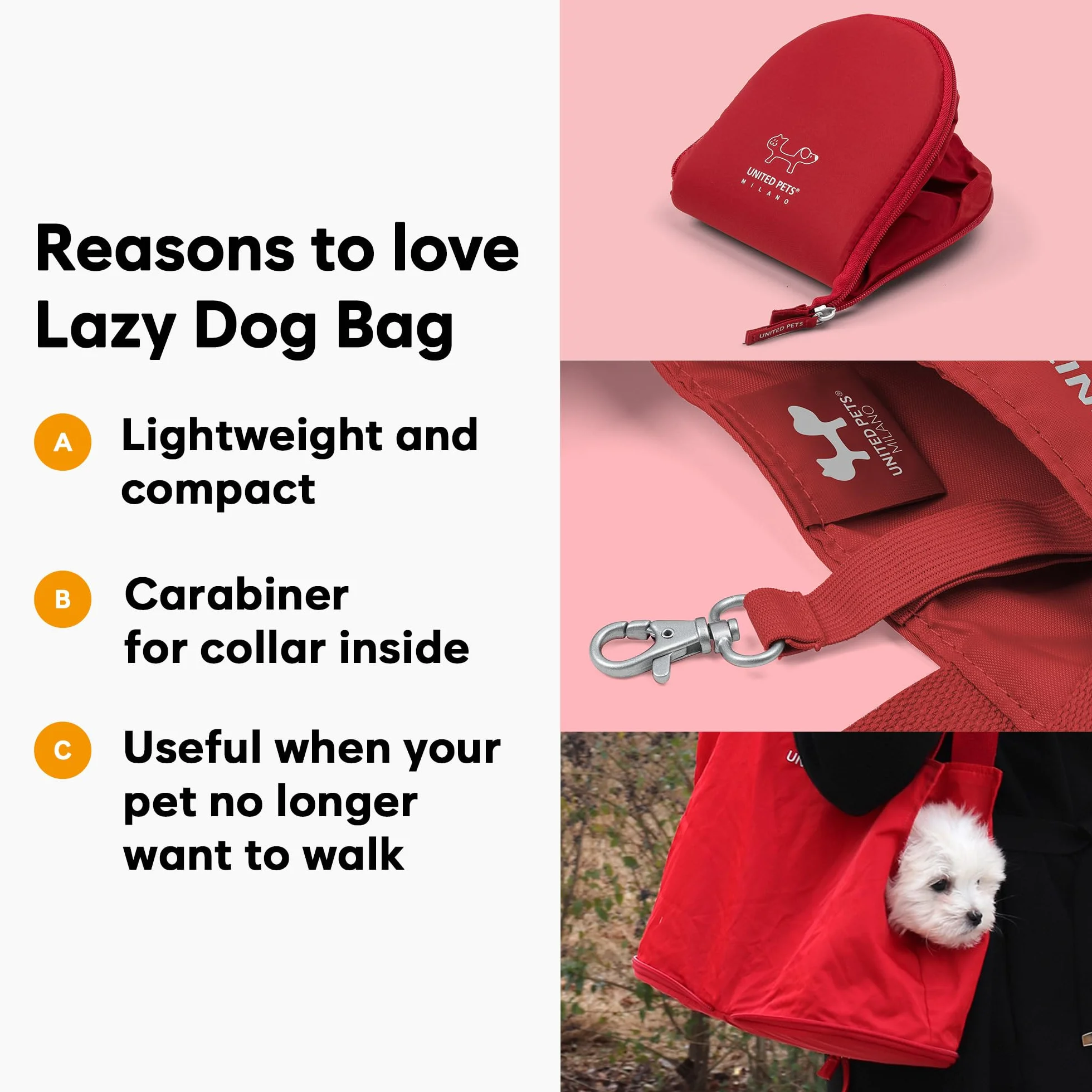 UNITED PETS Lazy Dog Borsa Trasportino per Cani Piccoli, Trasportino per Piccoli Animali Domestici, di Design, Leggera, Pieghevole, Rosso