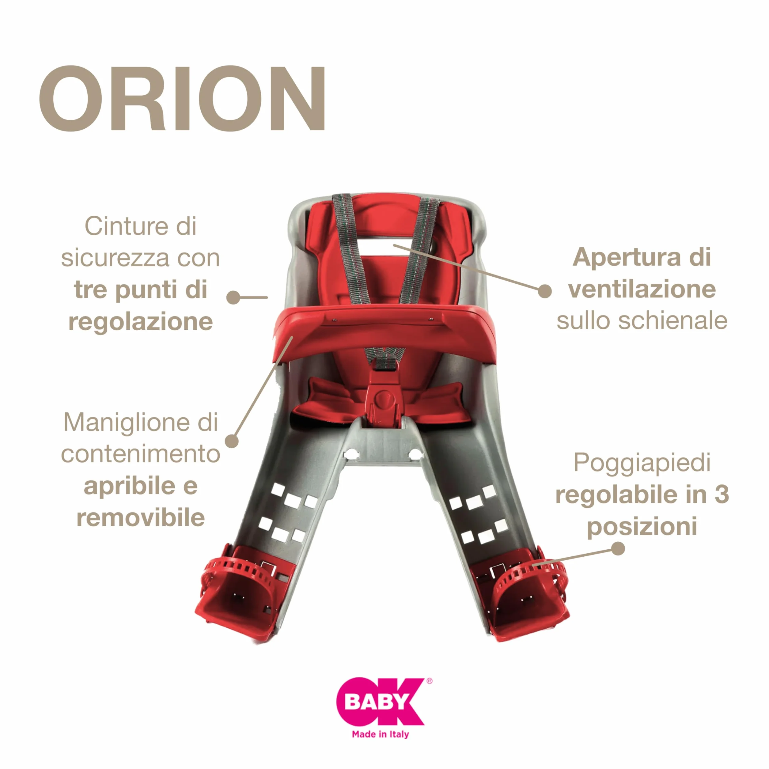 OKBABY Orion - Seggiolino Anteriore per Bambini, Sicurezza in Bicicletta dai 7/8 Mesi (15 kg), Compatibile con biciclette elettriche a pedalata assistita, Blu e Rosso, 54x45x33 cm (HxLxP)