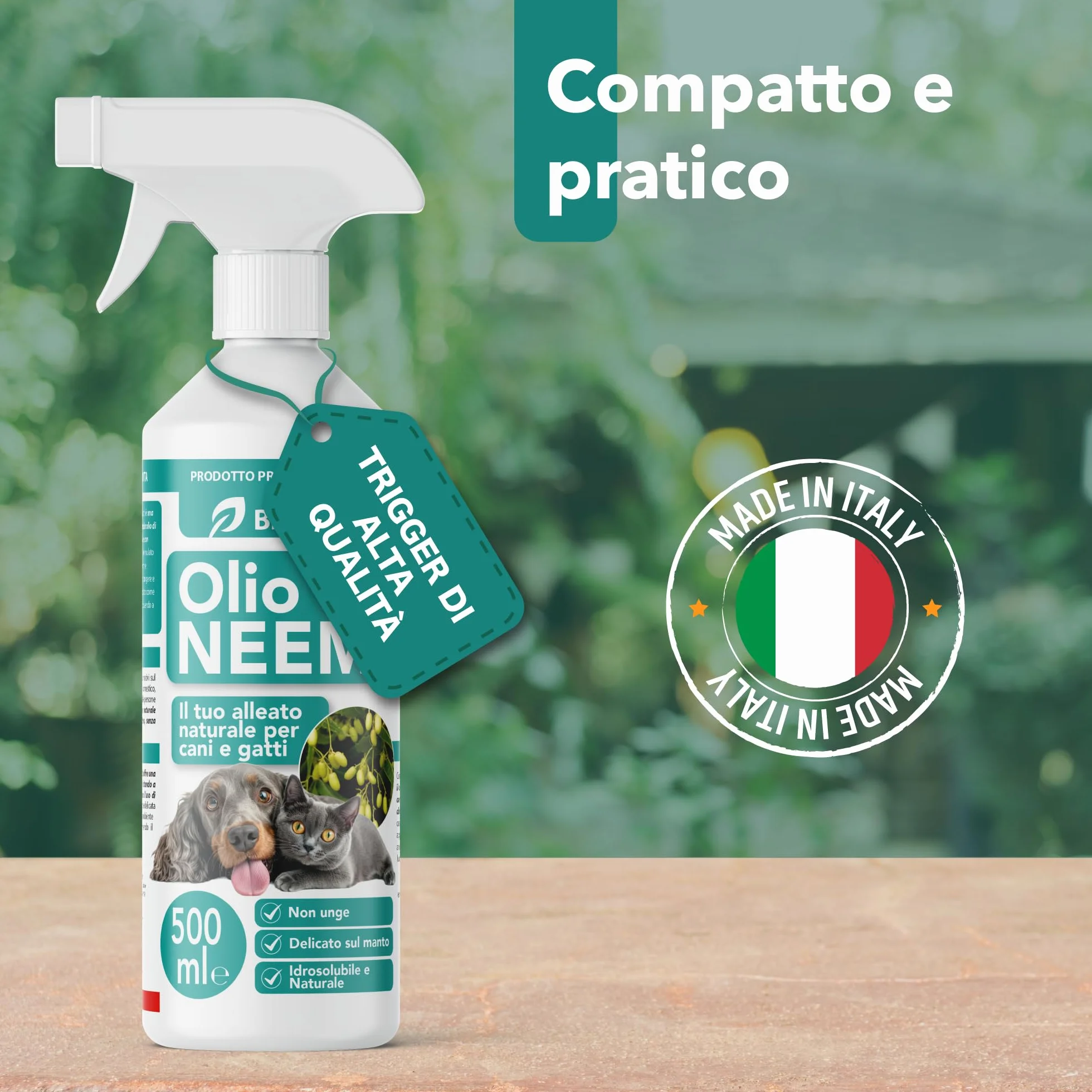 Olio di Neem per Cani e Gatti Spray 500 ml – Idrosolubile, Naturale, Non Unge – Azione Delicata, Effetto Barriera Sgradito a Zecche Pulci Zanzare Insetti