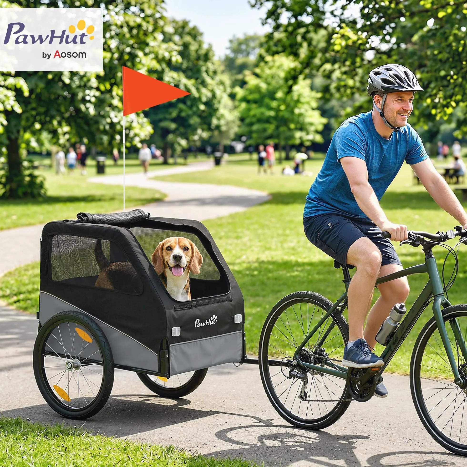 PawHut Rimorchio Bici per Cani Pieghevole con Ruote Gonfiabili a Sgancio Rapido, Ampie Finestre, Carrello Bicicletta Cani Media 20 kg, Catarifrangenti, Guinzaglio, Bandierina, Metallo e 600D Oxford
