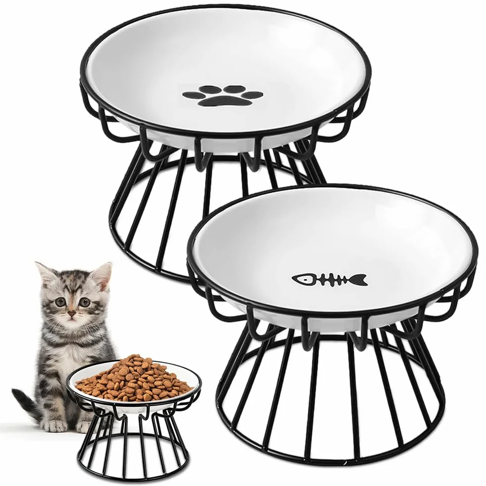 2 ciotole rialzate per gatti, in ceramica, con supporto in metallo, con base in silicone