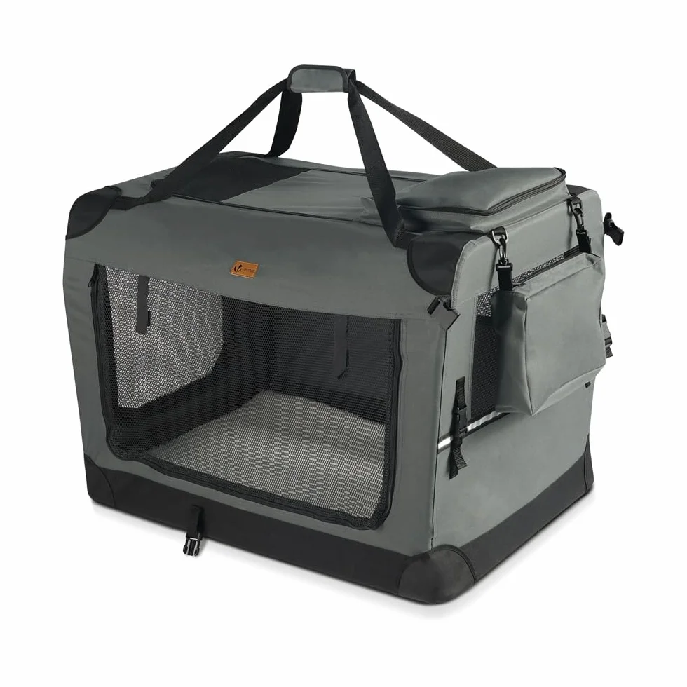 VOUNOT® Trasportino per Cani Gatti Borsa da Trasporto Cane con Materasso Morbido Striscia Riflettente, Box Scatola Pieghevole Viaggio per Animali Domestici, Portabile Traspirante, (M)60x44x44cm Grigio
