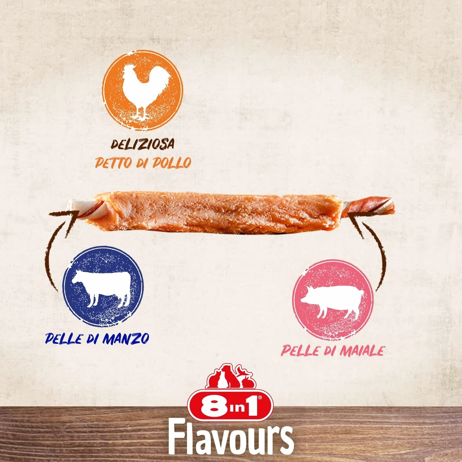 8in1 Triple Flavour Ribs Bastoncini da masticare per cani - Snack da masticare con carne extra, confezione da 113 g (ca. 6 pezzi)