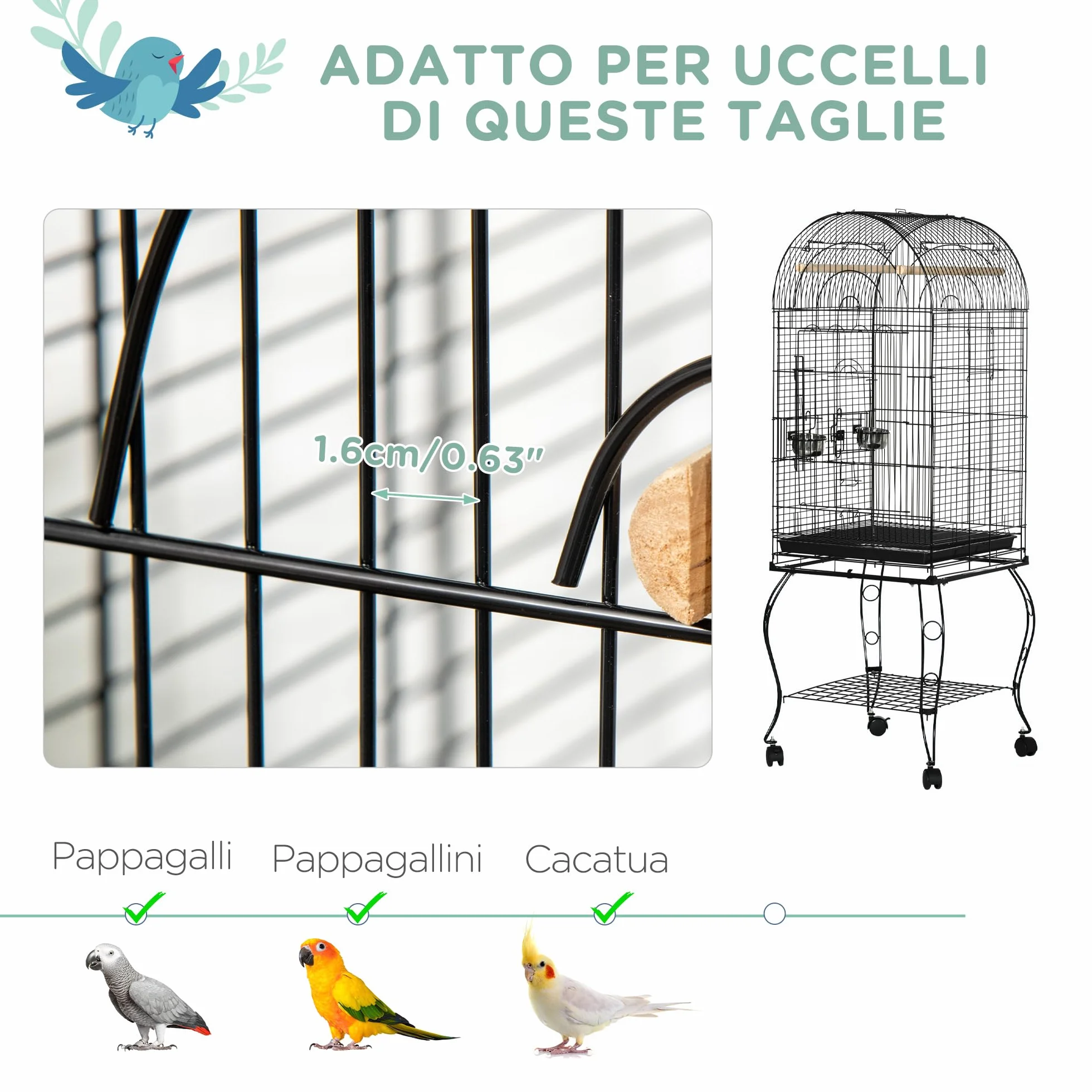 PawHut Gabbia per Uccelli e Canarini con Ruote e Vassoio Estraibile, Voliera per Pappagallini in Acciaio, 51x51x153 cm, Nero