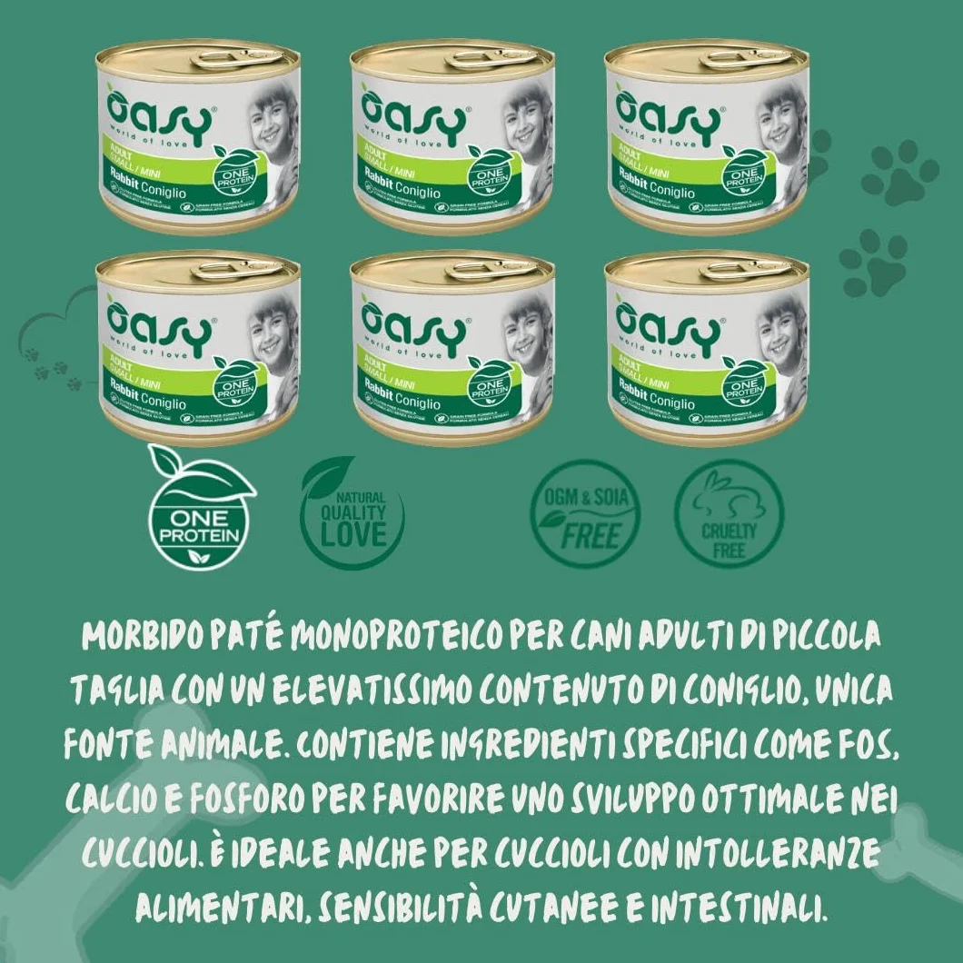 Oasy umido cane adulto monoproteico, alimento completo per cani adulti di taglia piccola (small) gusto CONIGLIO | 6 scatolette da 200 grammi l’una.