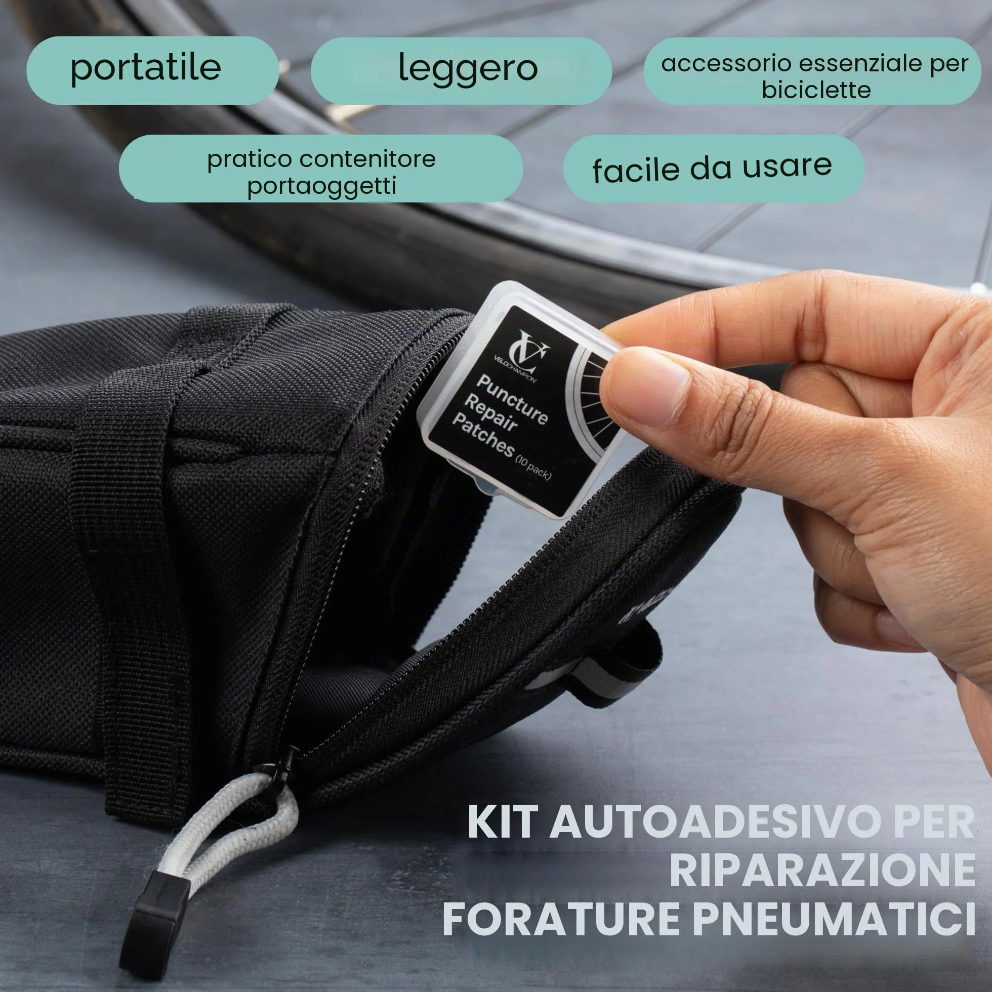 VeloChampion Kit Riparazione Forature per Bicicletta con Toppe Autoadesive e Leve Smontacopertoni a Scelta. Kit Antiforatura per Bici da Strada, MTB ed e-Bike.