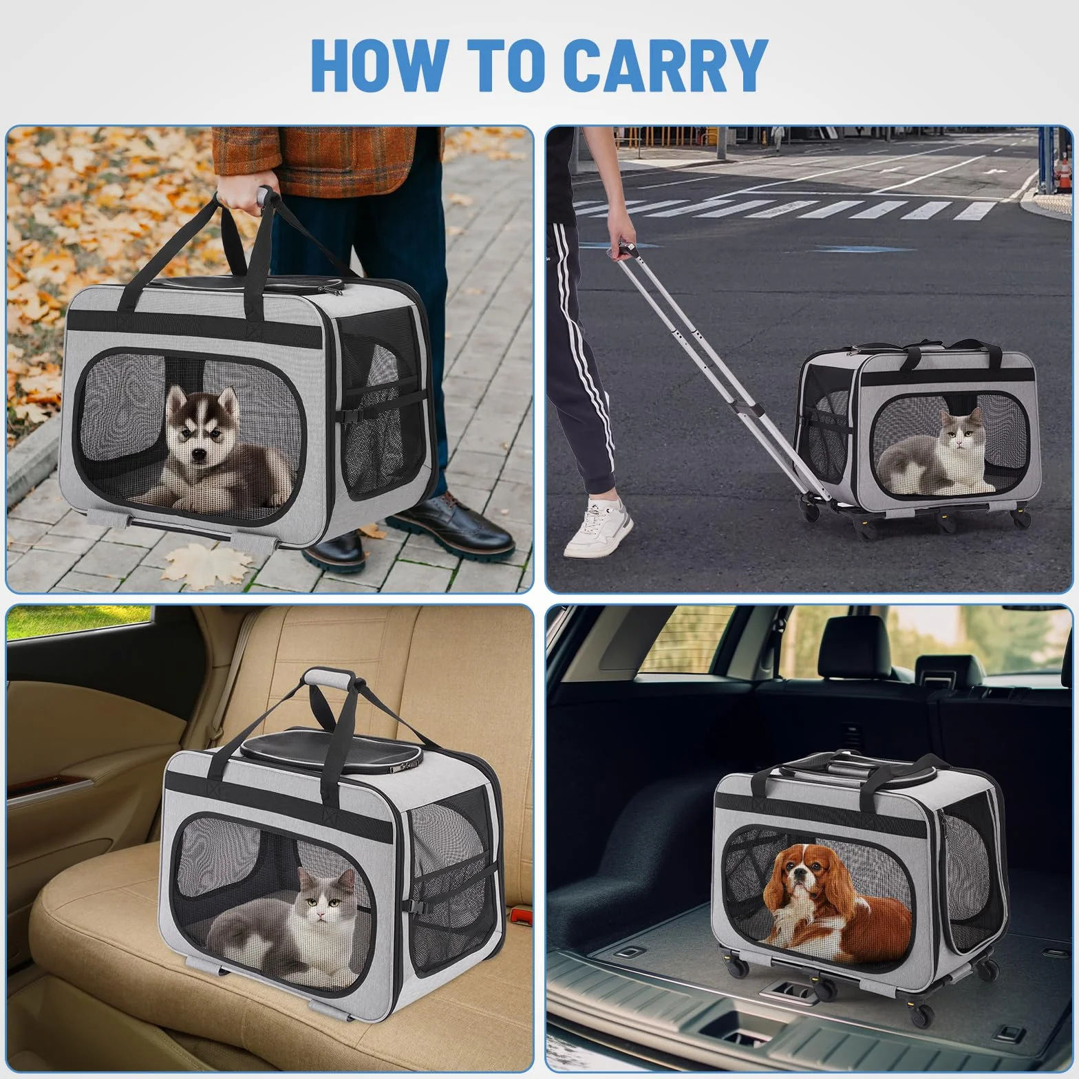 Trasportino per Gatti e Cani con 6 Ruote, fino a 20 kg, Grigio