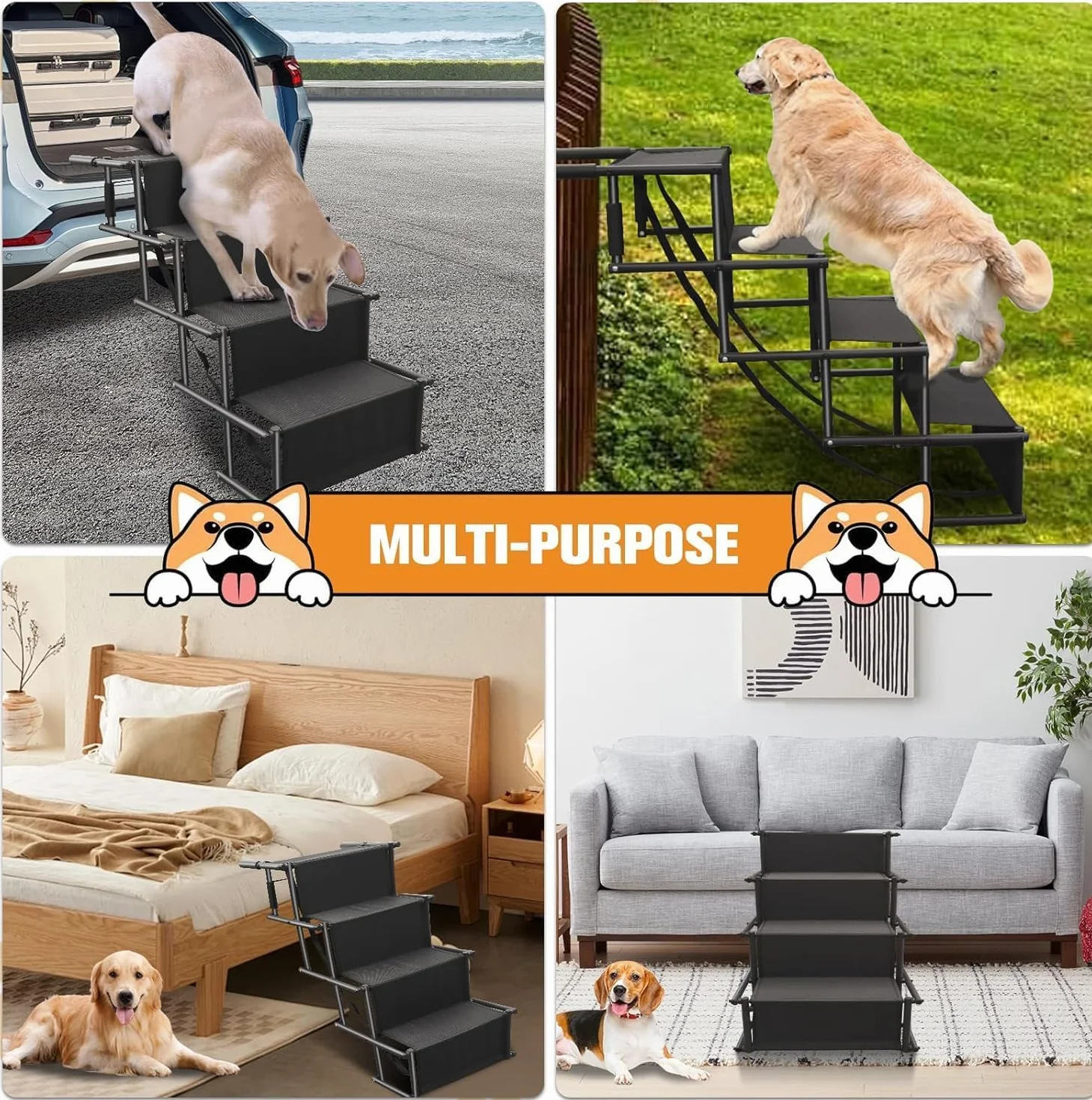 Rampa per Cani Pieghevole 4 Gradini Fino a 80kg Antiscivolo per Auto Grandi Cani (nero, L)