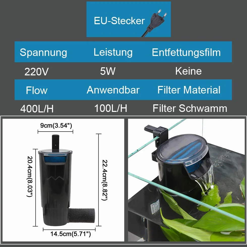 SENZEAL Pompa Filtro a Cascata a Basso Livello Dell'acqua Tartaruga Filtro Interno per Acquario 5W 220V/50Hz 400L/H Livello Dell'acqua Basso Pulito per Acquari Rettili Anfibi - Nero
