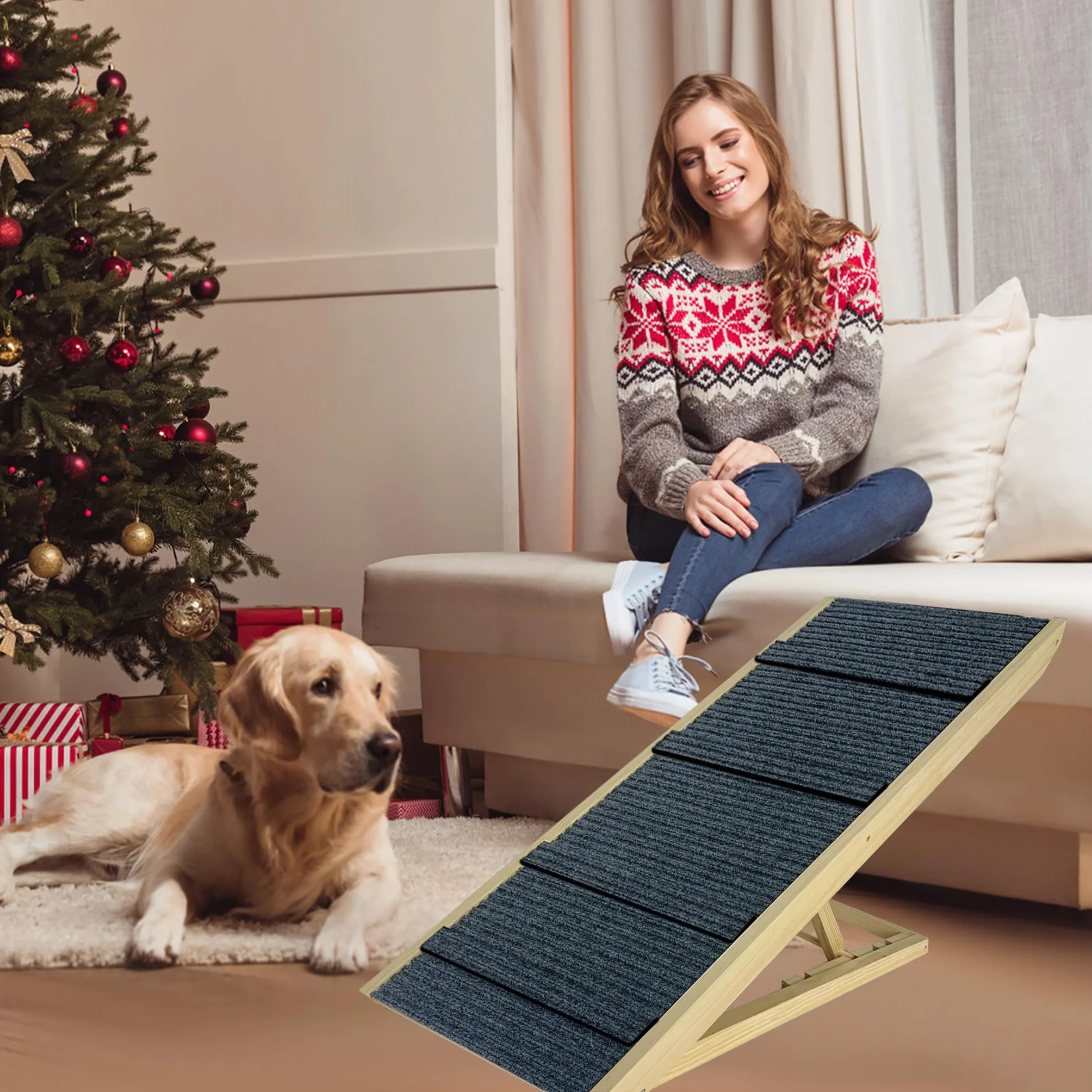 Rampa per cani in legno, pieghevole, altezza regolabile, per letto, divano, altezza 60 cm, antiscivolo, per cani e gatti, portata massima 100 kg, 100 x 40 x 60 cm