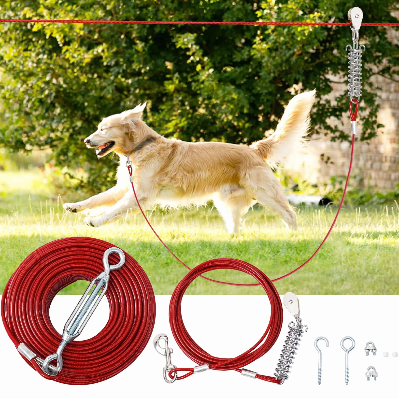 LUWFELL - Passatoia per cani da cortile con guinzaglio lungo 45 m e assorbimento degli urti - Puleggia per cani con cavo di legatura