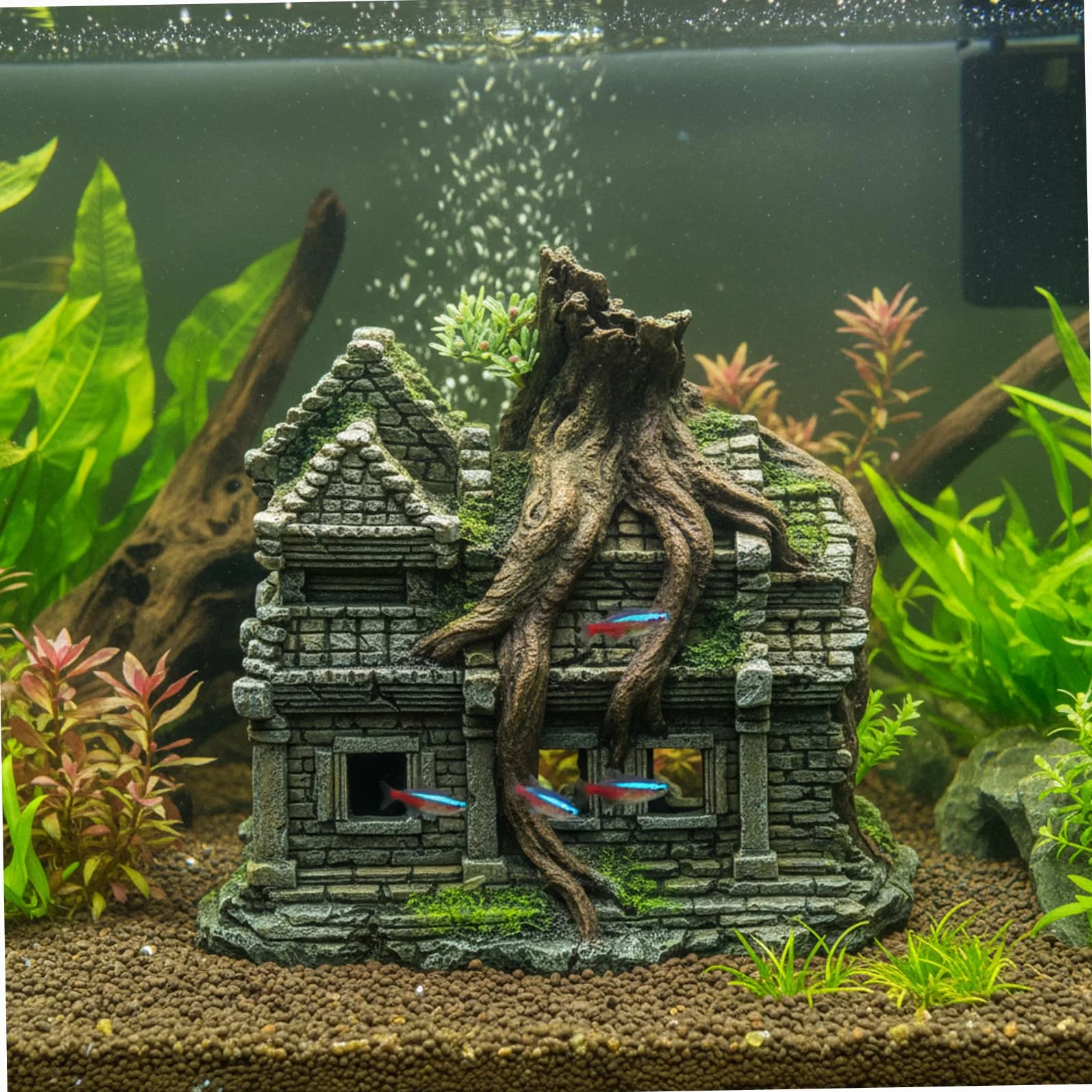 Realistico Castello ad arbusto per Acquario con Grotta – Grandi Decorazioni per Acquario, Ornamento in Resina Dipinto a Mano per Pesci Betta e gamberetti Che nascondono e Giocano
