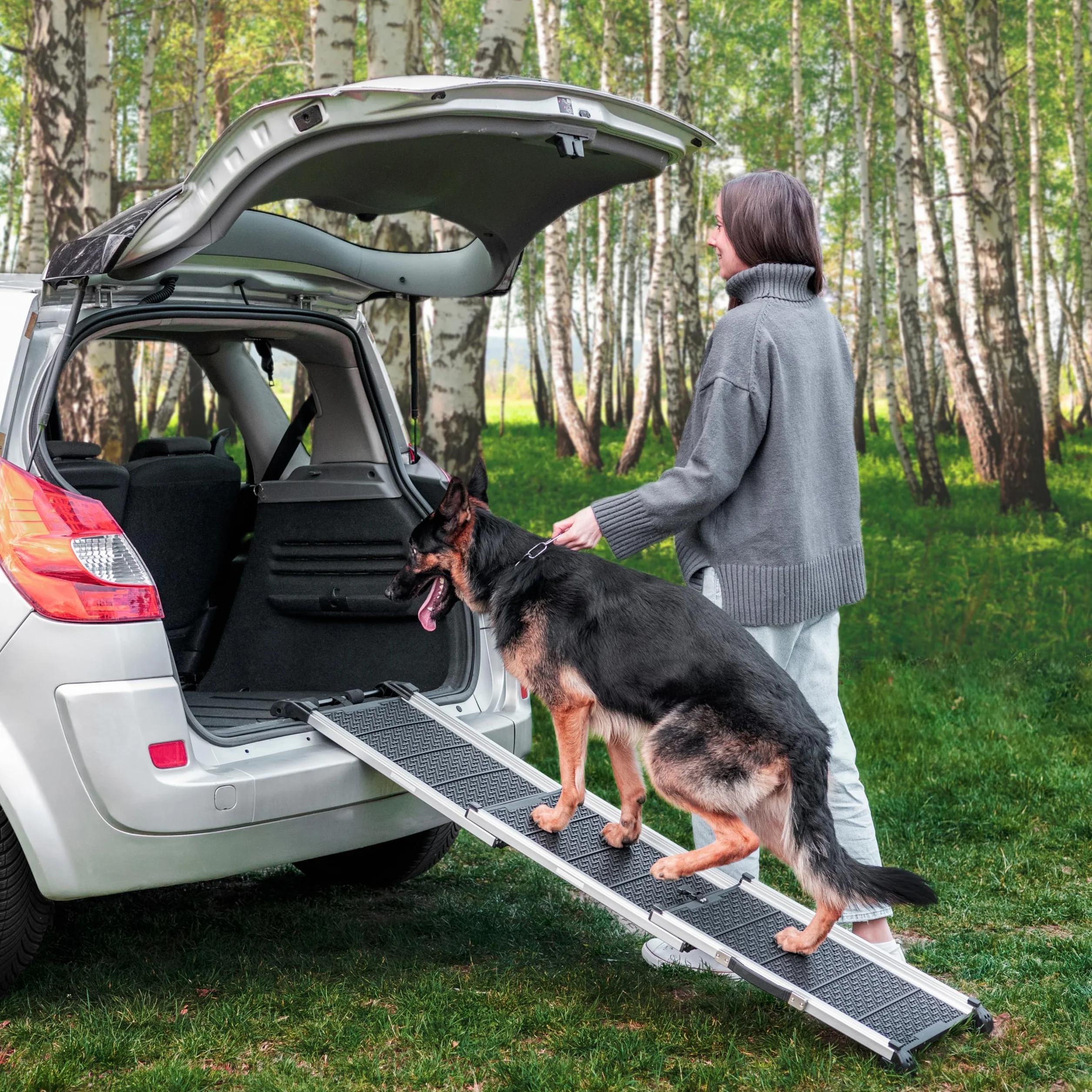 Rampa per Cani per Auto, SUV – Rampe Telescopiche Estensibili per Cani di Grossa Taglia – STABILI – ANTISCIVOLO – Sicurezza Notturna Lati Riflettenti – Capacità 90 kg – Clip di Bloccaggio – Nero