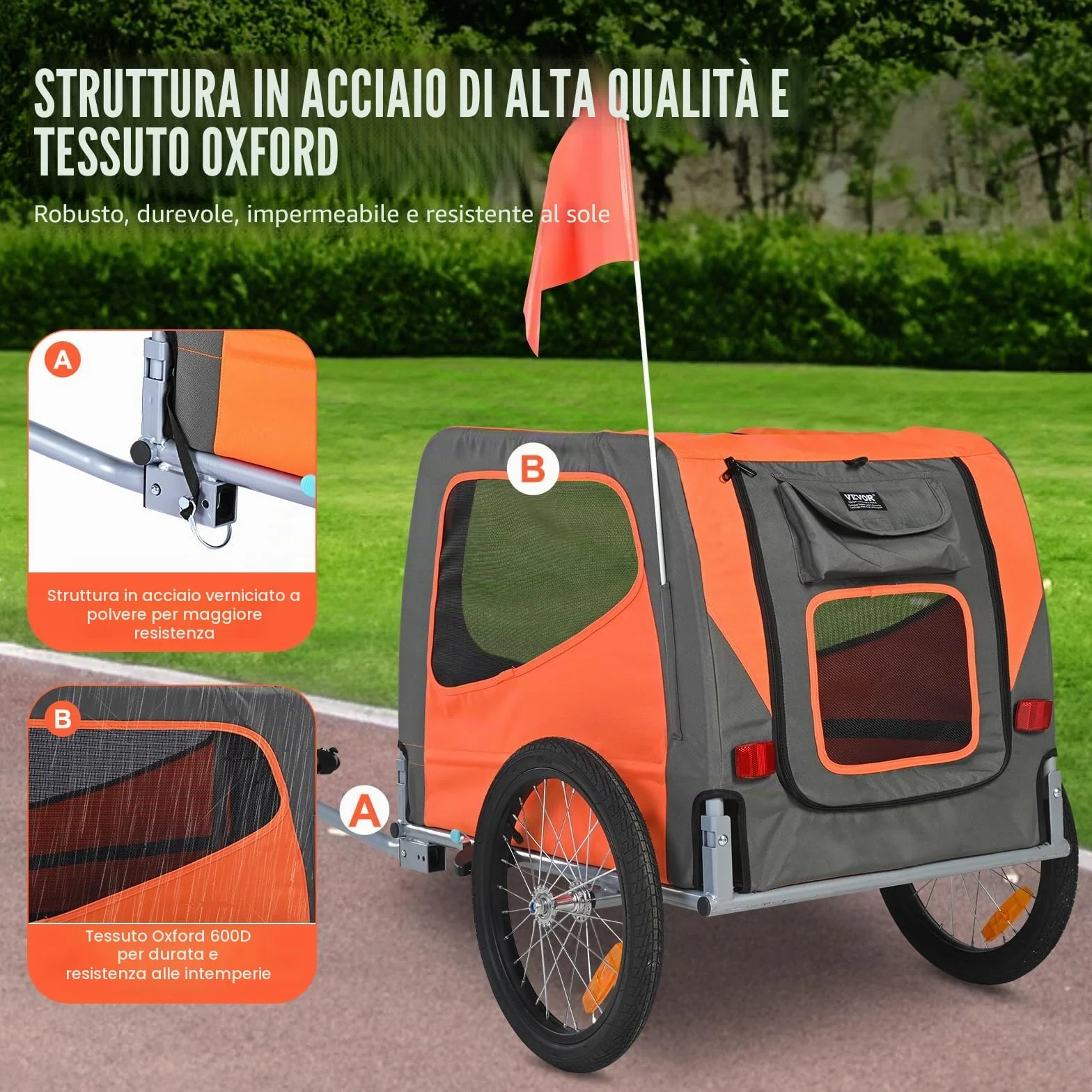VEVOR Rimorchio Bici per Cani Pieghevole Portata max. 30 kg Passeggino per Animali Domestici con Ruote a Sgancio Rapido Telaio in Acciaio Carrello per Bici Traino Rimorchio Animali Arancione/Grigio
