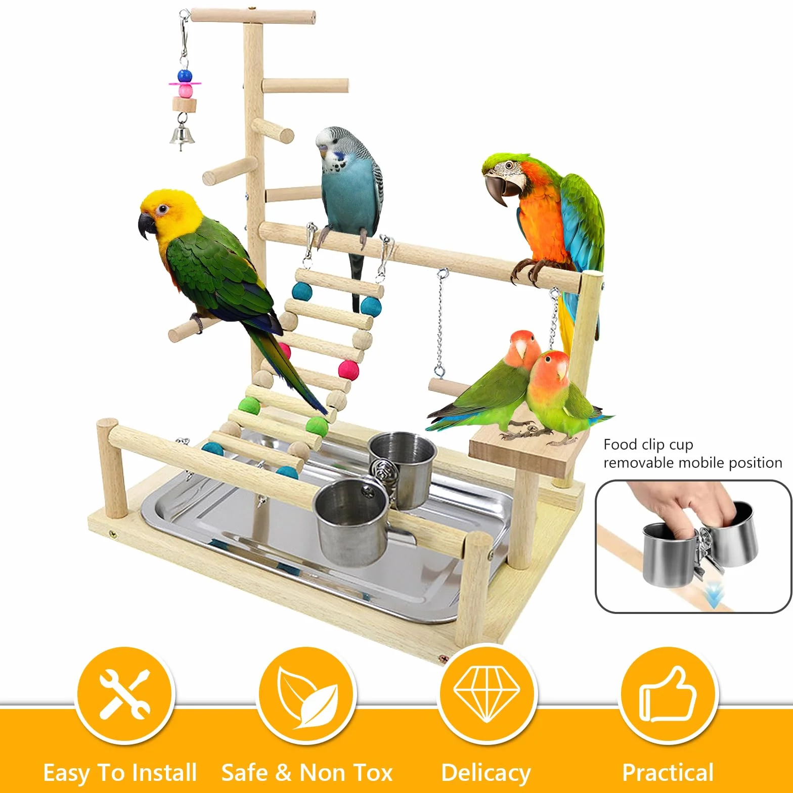 Parco giochi per uccelli pappagalli con alimentatore vassoio legno 44 x 37 x 26 cm