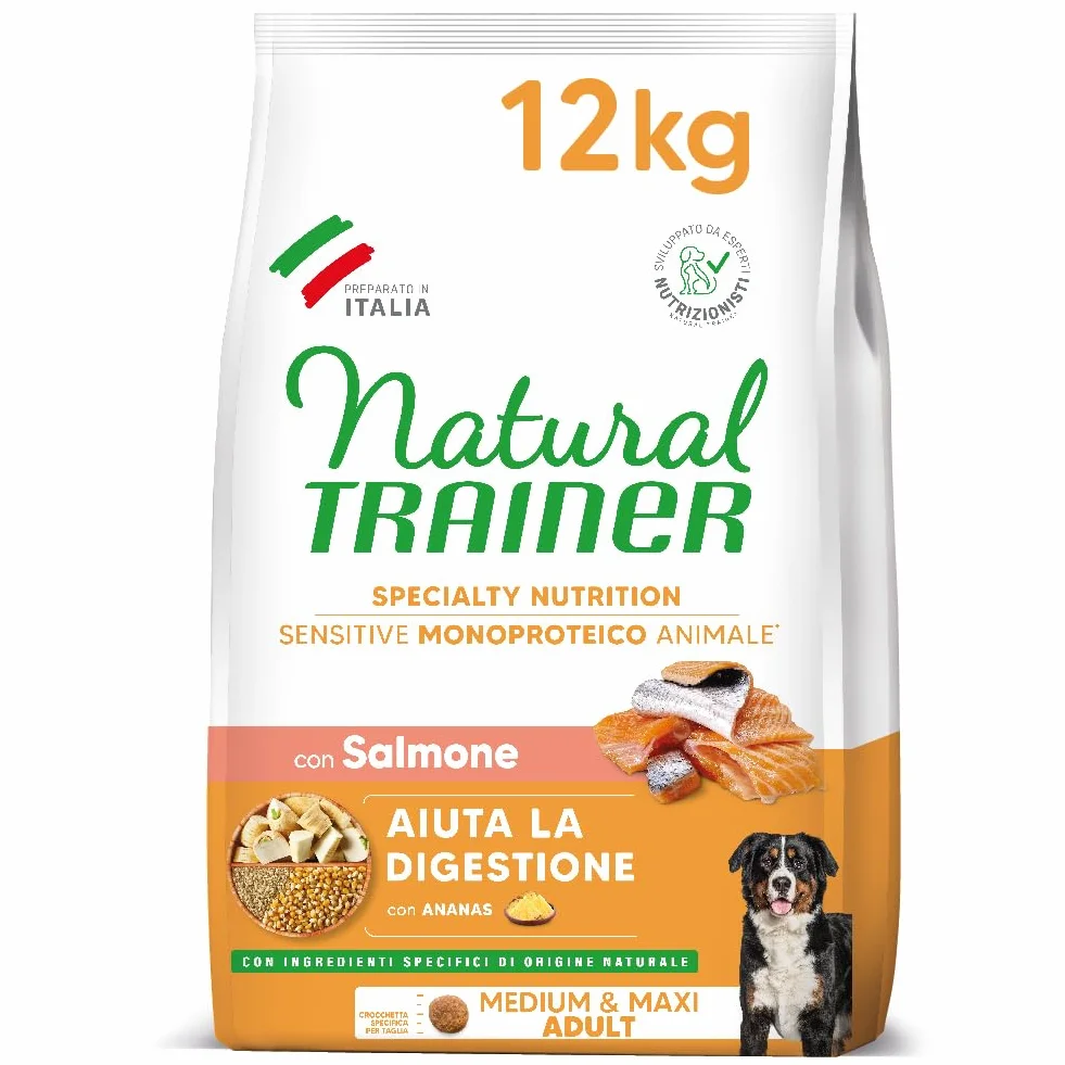 Trainer Sensitive No Gluten Adult Con Salmone E Cereali Integrali, Agnello, 12 kg