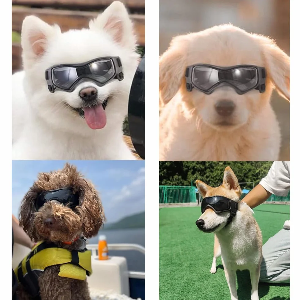 Voarge Occhiali da sole per cani, occhiali protettivi UV, occhiali da sole con fascia elastica regolabile, antivento per cani, occhiali da moto, nero, taglia S