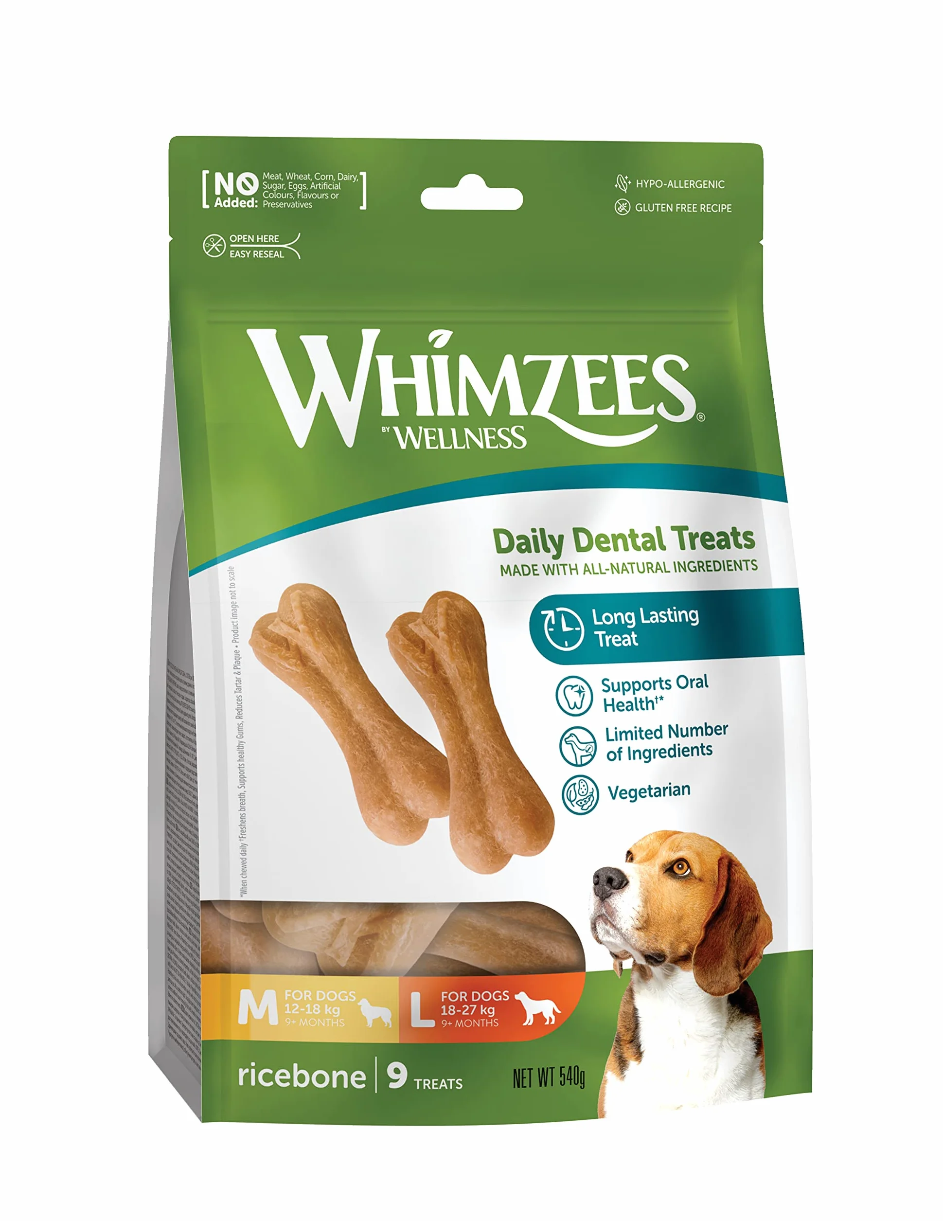 WHIMZEES Ricebone M/L, 9 Pezzi – Taglia M & L, Snack per Cani di Taglia Grande/Media, Naturali & Senza Cereali, Vegetariane, Senza Zuccheri Aggiunti