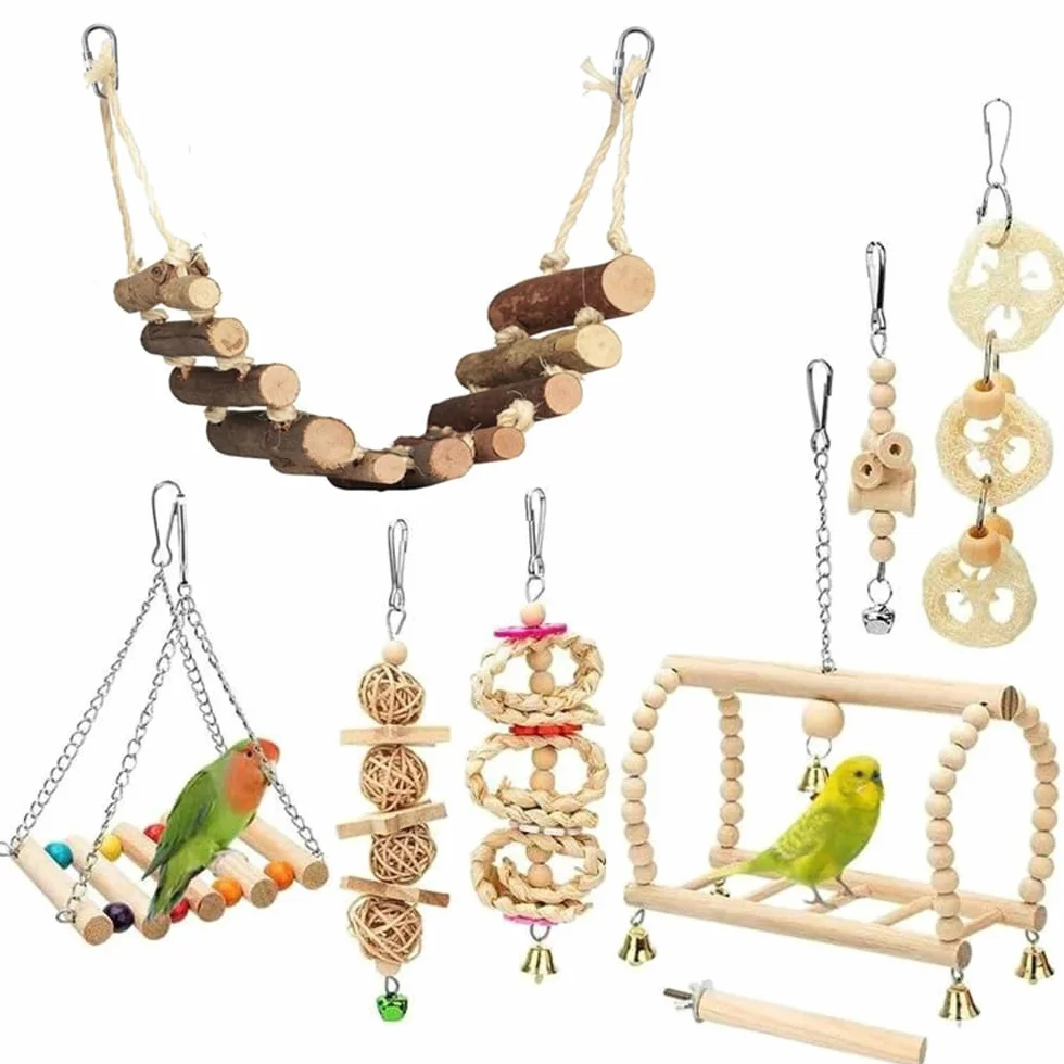 Giochi per Pappagalli, Altalene per Parrocchetti e Cockatiels, Giocattolo da Masticare, 8 Pezzi