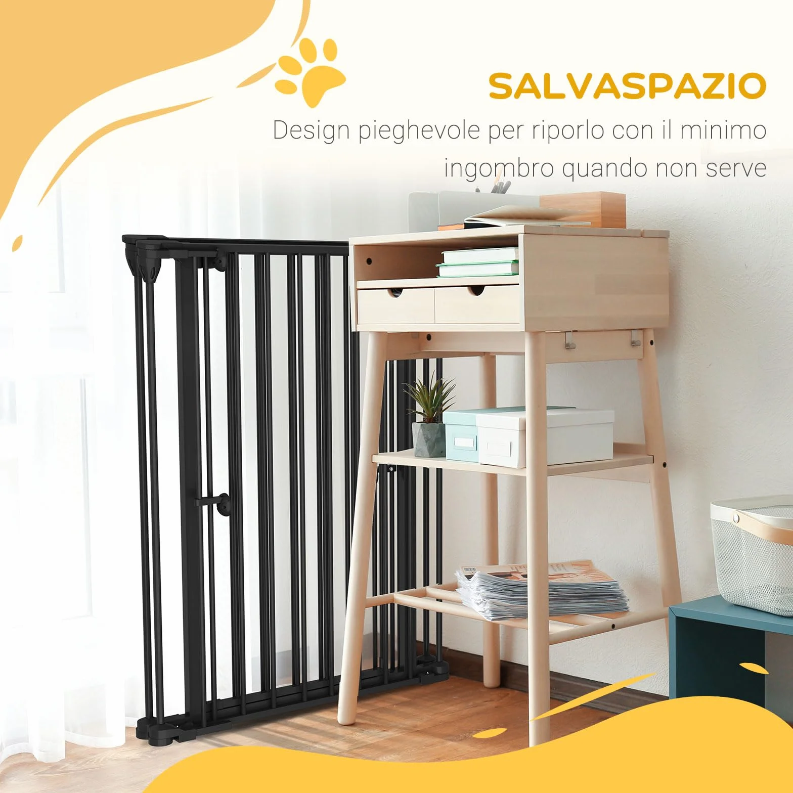 PawHut Cancelletto per Cani 90A cm 3 Pannelli Pieghevoli con Doppio Sistema di Blocco, Acciaio e Plastica, 206x90cm, Nero