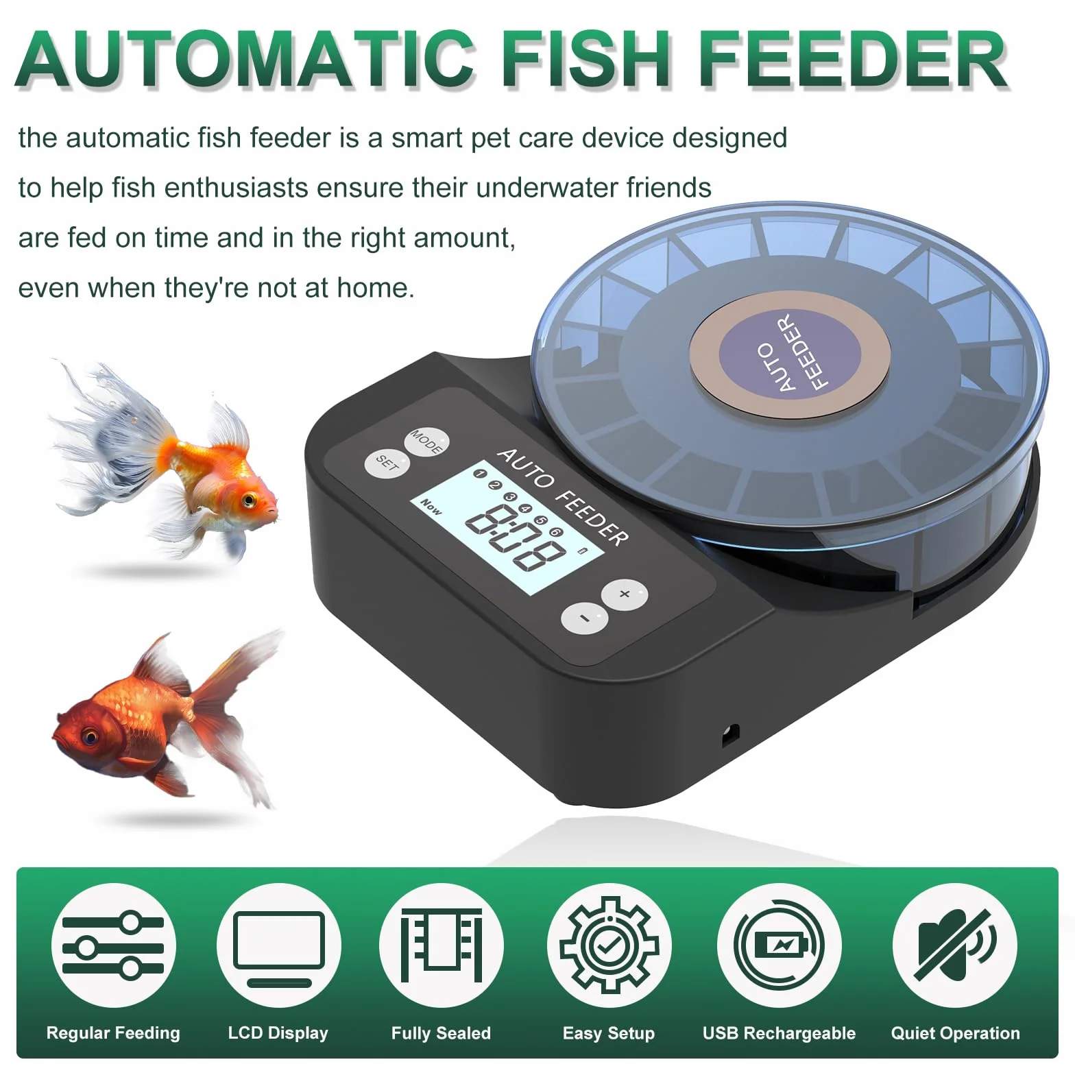 60 ml mangiatoia automatica per pesci d'acquario, distributore automatico di cibo con timer, mangiatoia ricaricabile con timer, con cavo USB, display LCD