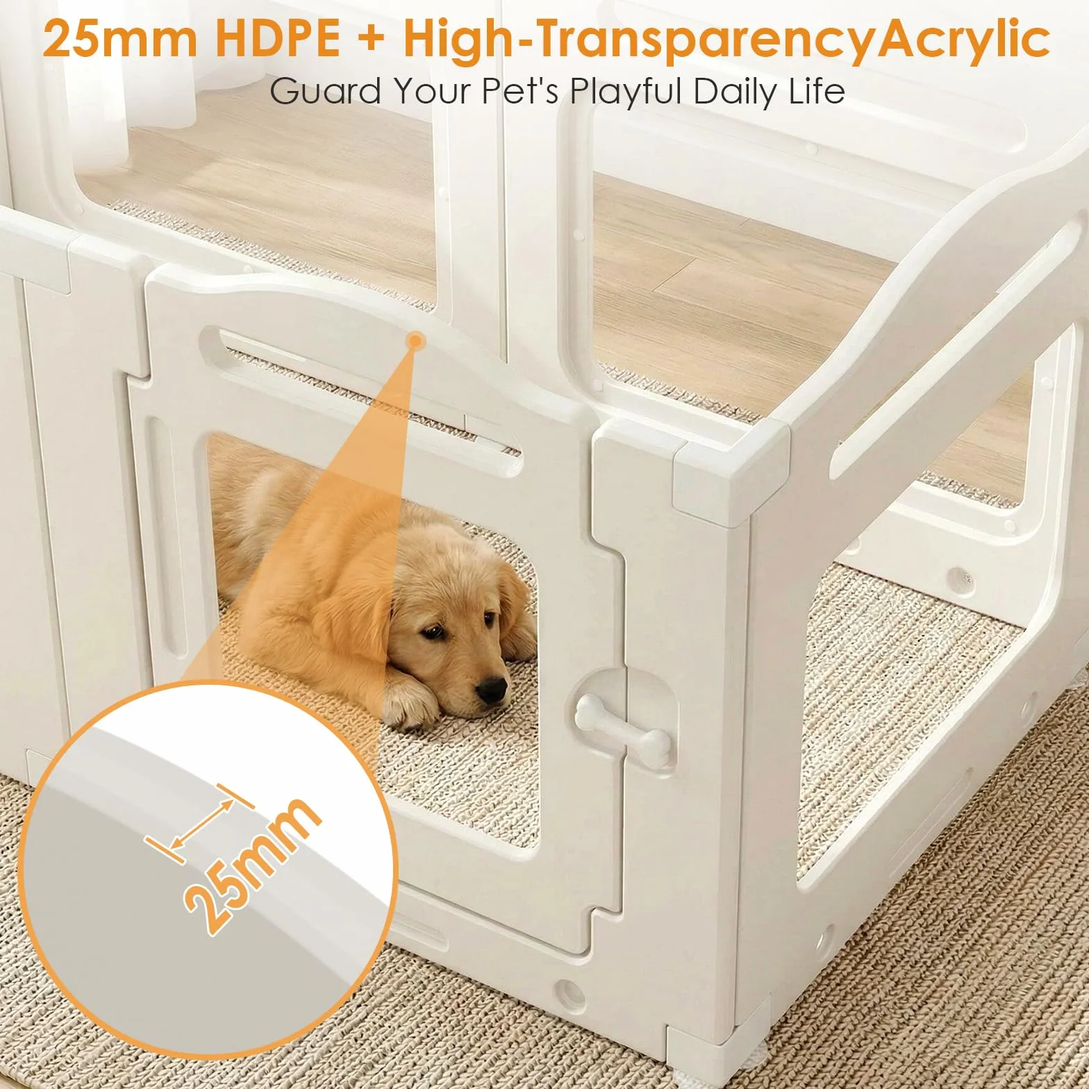 MAMIZO Recinto per Cani Acrilico 129 × 68 × 60 cm, Box per Cuccioli con Ventose, Box per il Parto Cani con Porta a Chiusura, 6PCS Pannelli Parco per Cani adatto Appartamento, Bianco