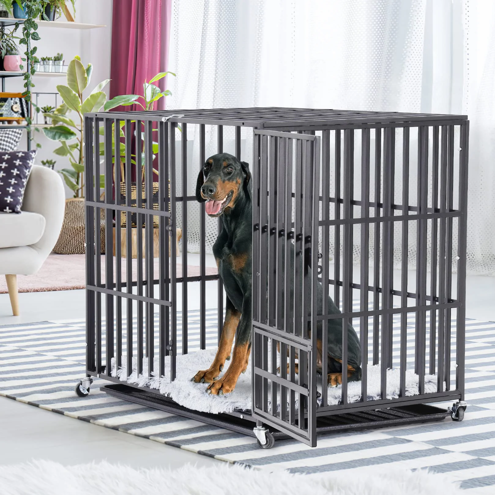 BingoPaw Gabbia Robusta per cani Antimorso XXL Gabbia Rinforzata per cani Grossa Taglia Grande Kennel Cane con Ruote Metallo 117x84x86,5cm