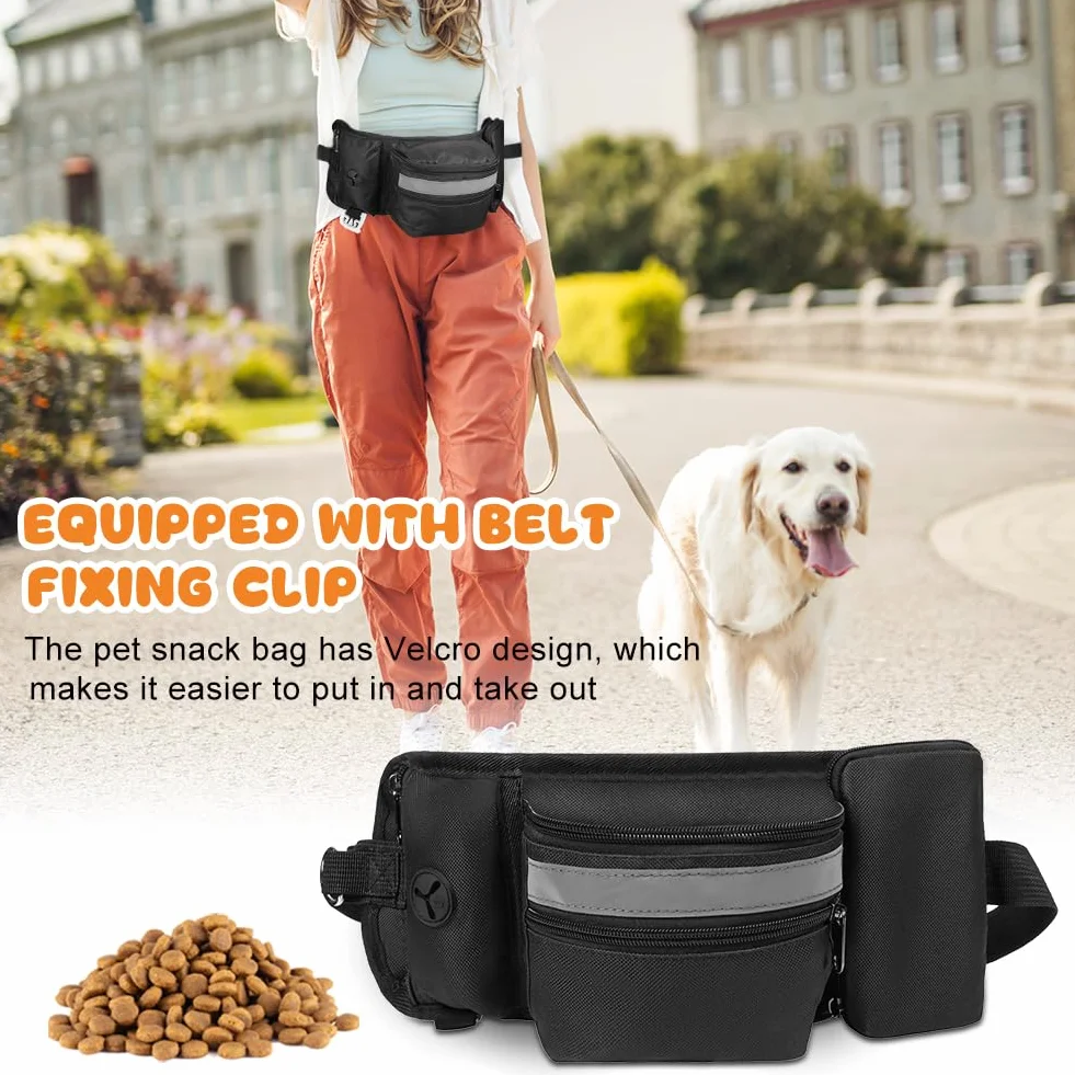 Aomig Borsa per cani 3 in 1: ciotola pieghevole, clicker e marsupio regolabile per passeggiate e allenamento a mani libere