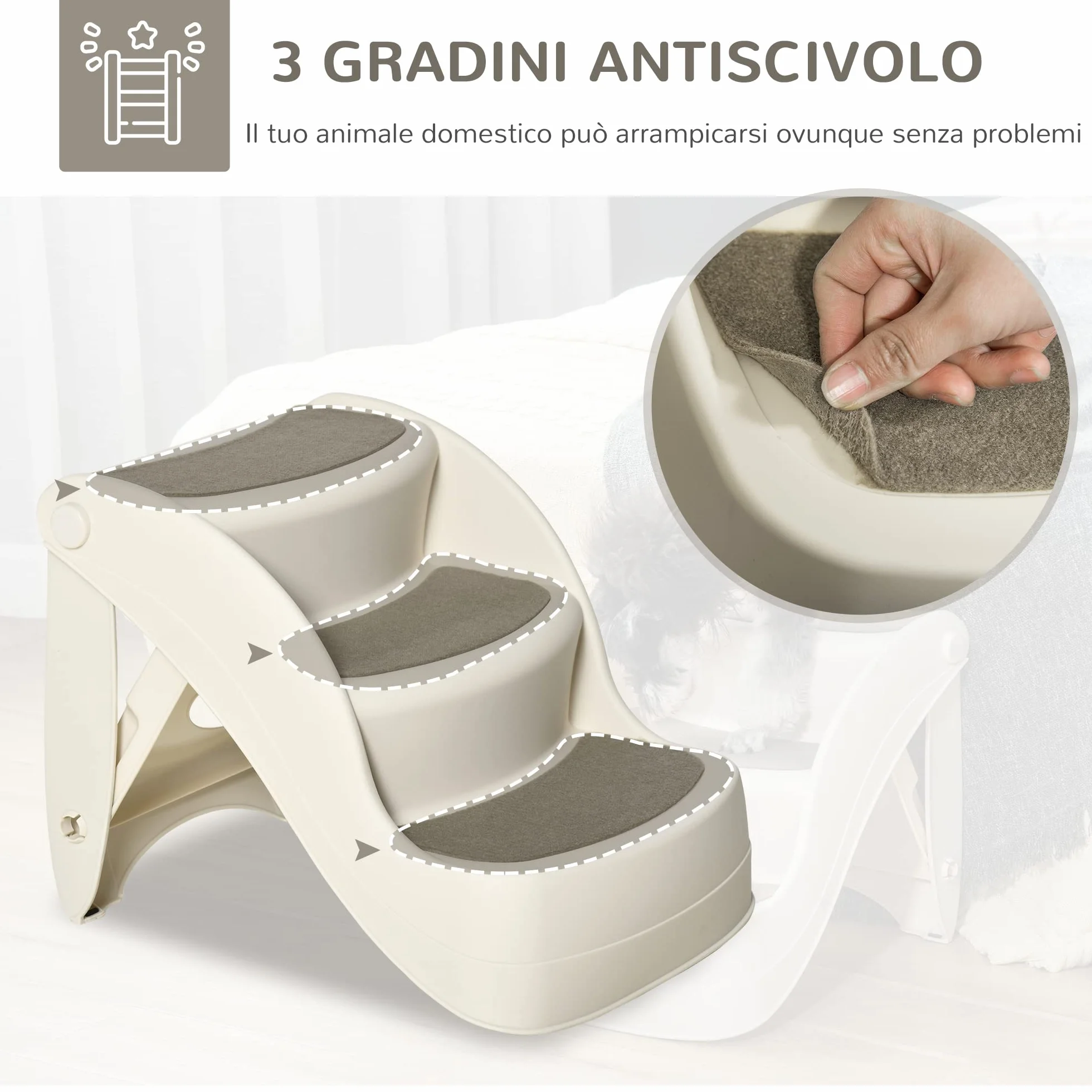 PawHut Scaletta per Cani Pieghevole 3 Gradini Antiscivolo 49x38x38 cm Beige