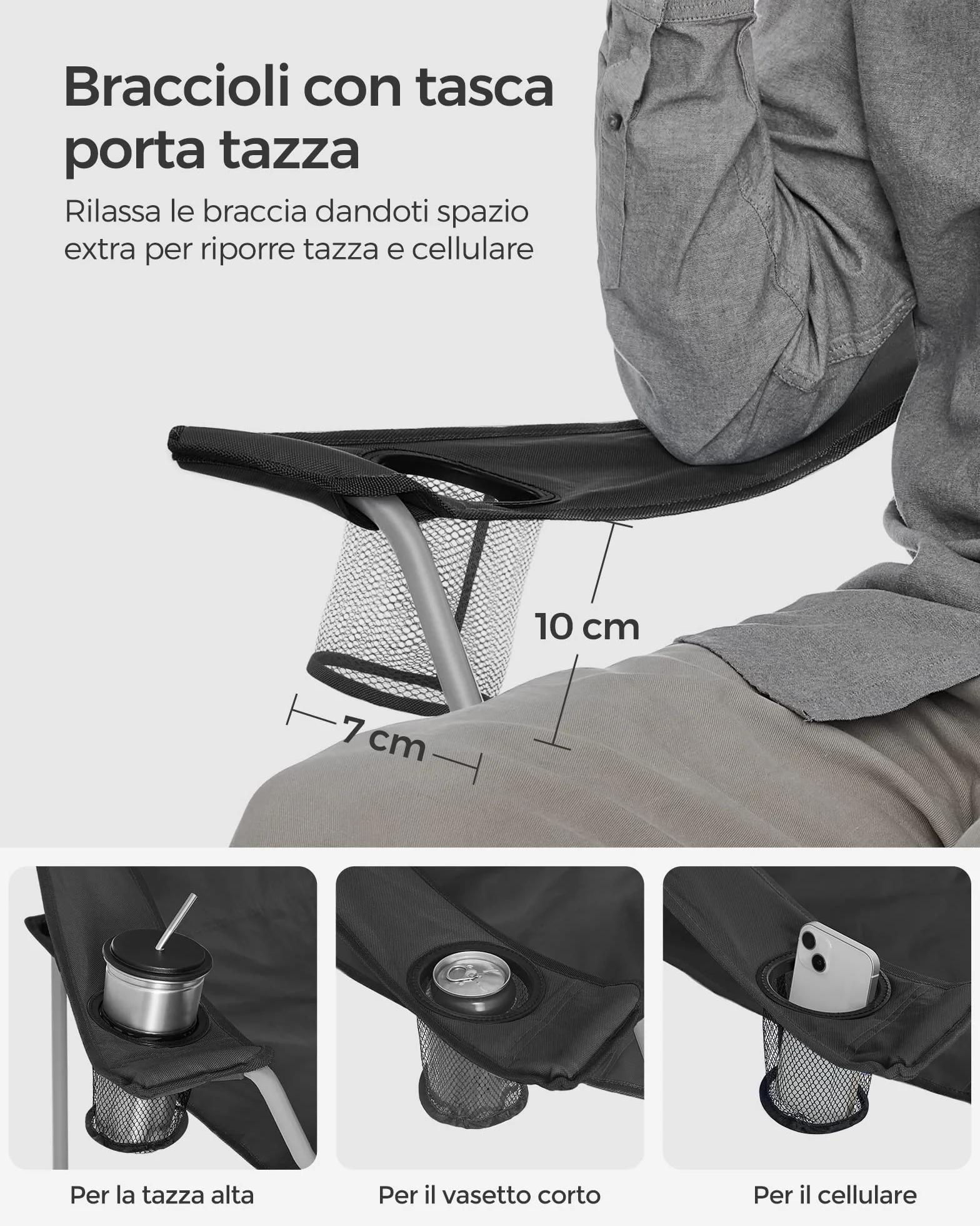SONGMICS Sedie da Campeggio Set di 2 Pieghevole Portabile Braccioli Portabicchiere Portante 120 kg Nero GCB01BK