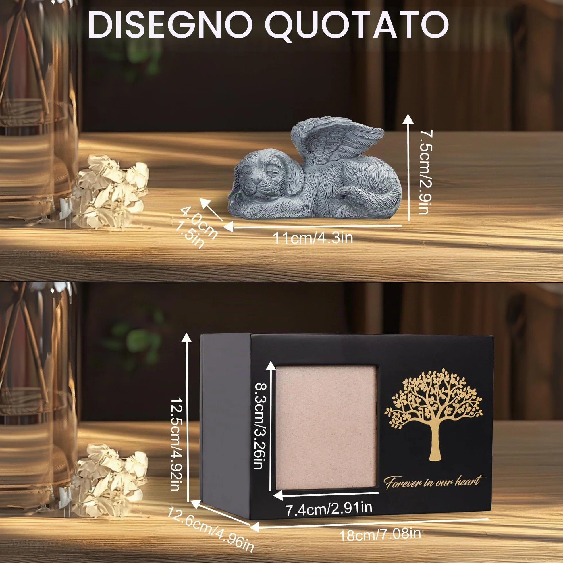 Urna per ceneri di cane in legno nero con cornice per foto e statua di cane in resina 25kg