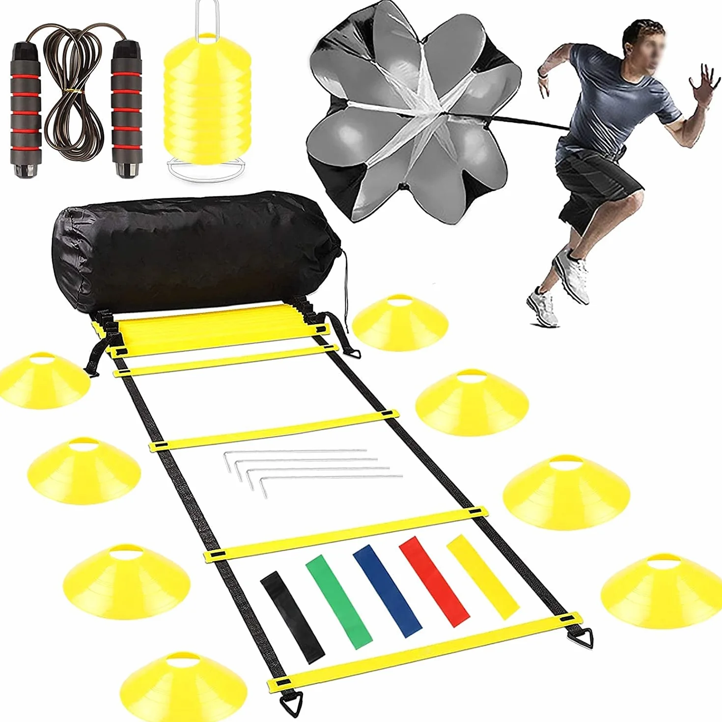 Kit per Allenamento Calcio Set di velocità e Agilità-8m Agility Ladder-16 Coni Accessori -1 Corda-4 Pali-1 Paracadute di Resistenza - Cinesini per Allenamenti di Football, Esercizio
