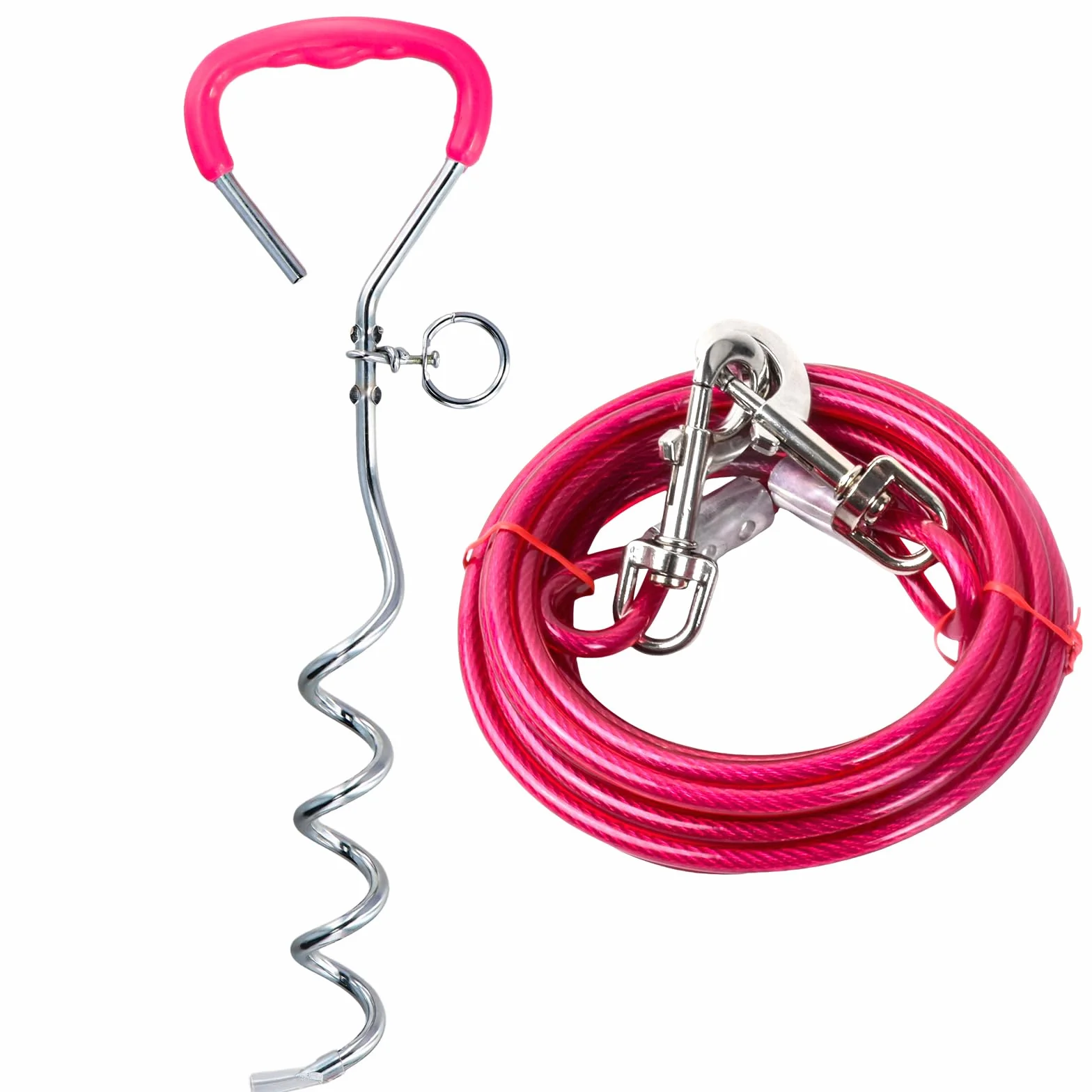 5 m Guinzaglio per Cani con 42 cm Picchetto a Terra, Cavo Acciaio Inossidabile 6mm con Gancio 360°, Fino a 250 kg, PVC Coated, Cavo Legare per Cane Grande Media Piccola Campeggio Giardino (5m Rosa)