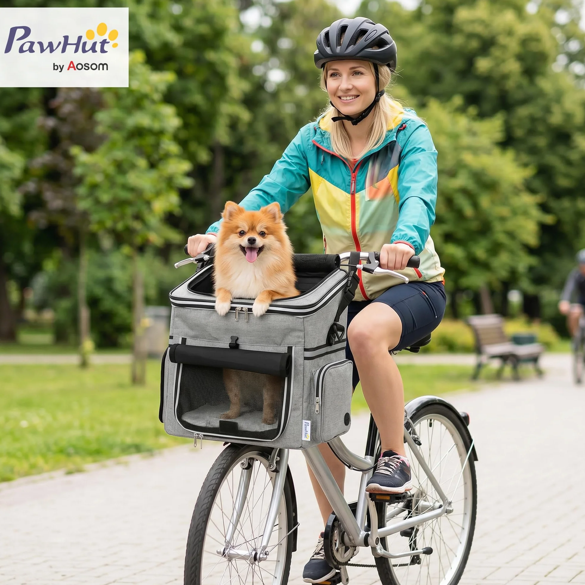 PawHut Cestello da bicicletta Anteriore per Cani Gatti, Cestino Bici Anteriore Portatile con Guinzaglio di Sicurezza, Base Rigida Rimovibile, Coperchio Staccabile, Cuscino Soffice, Finestre e Porta