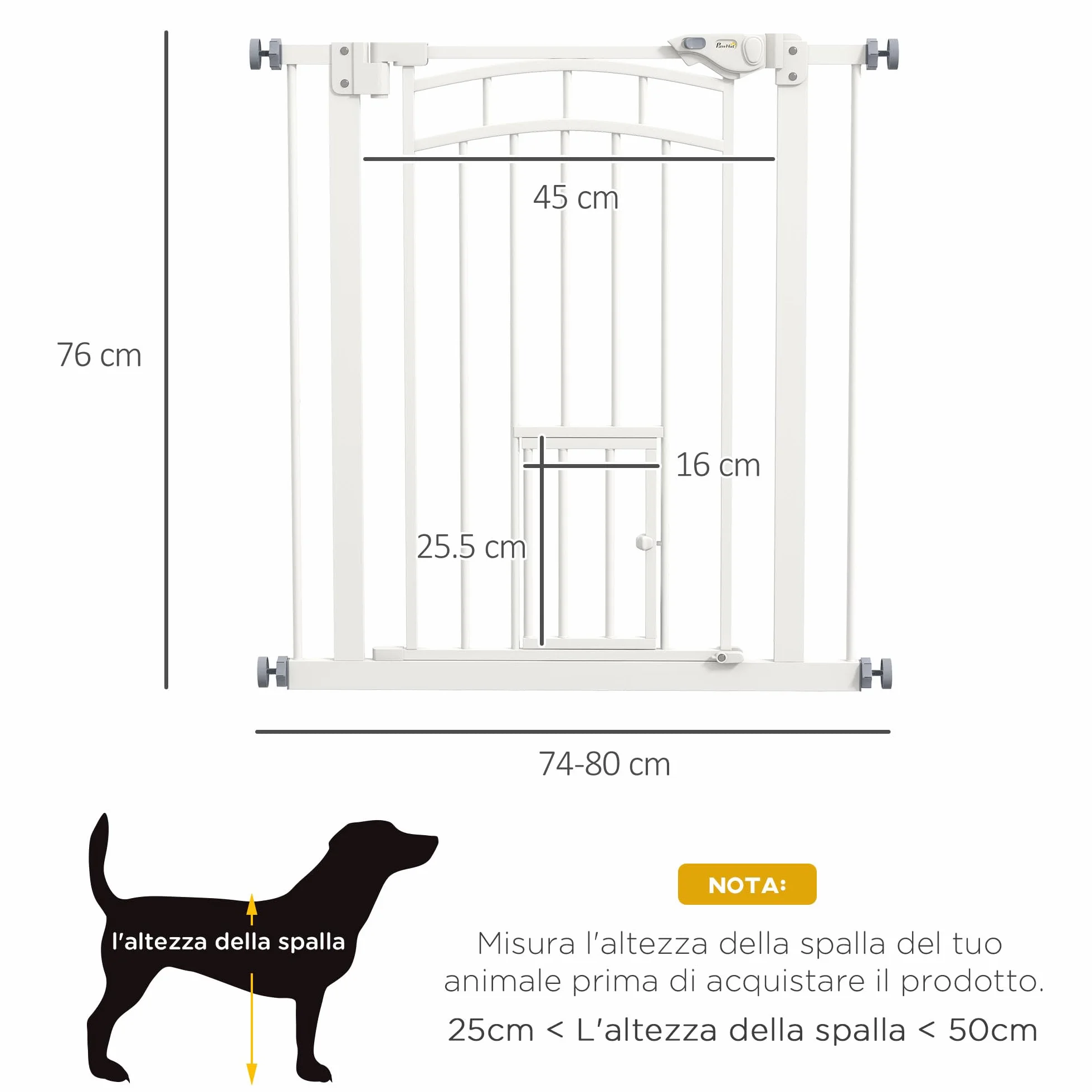 PawHut Cancellino per Cani Estensibile con Chiusura Automatica, Acciaio e PA, 74-80x76 cm, Bianco