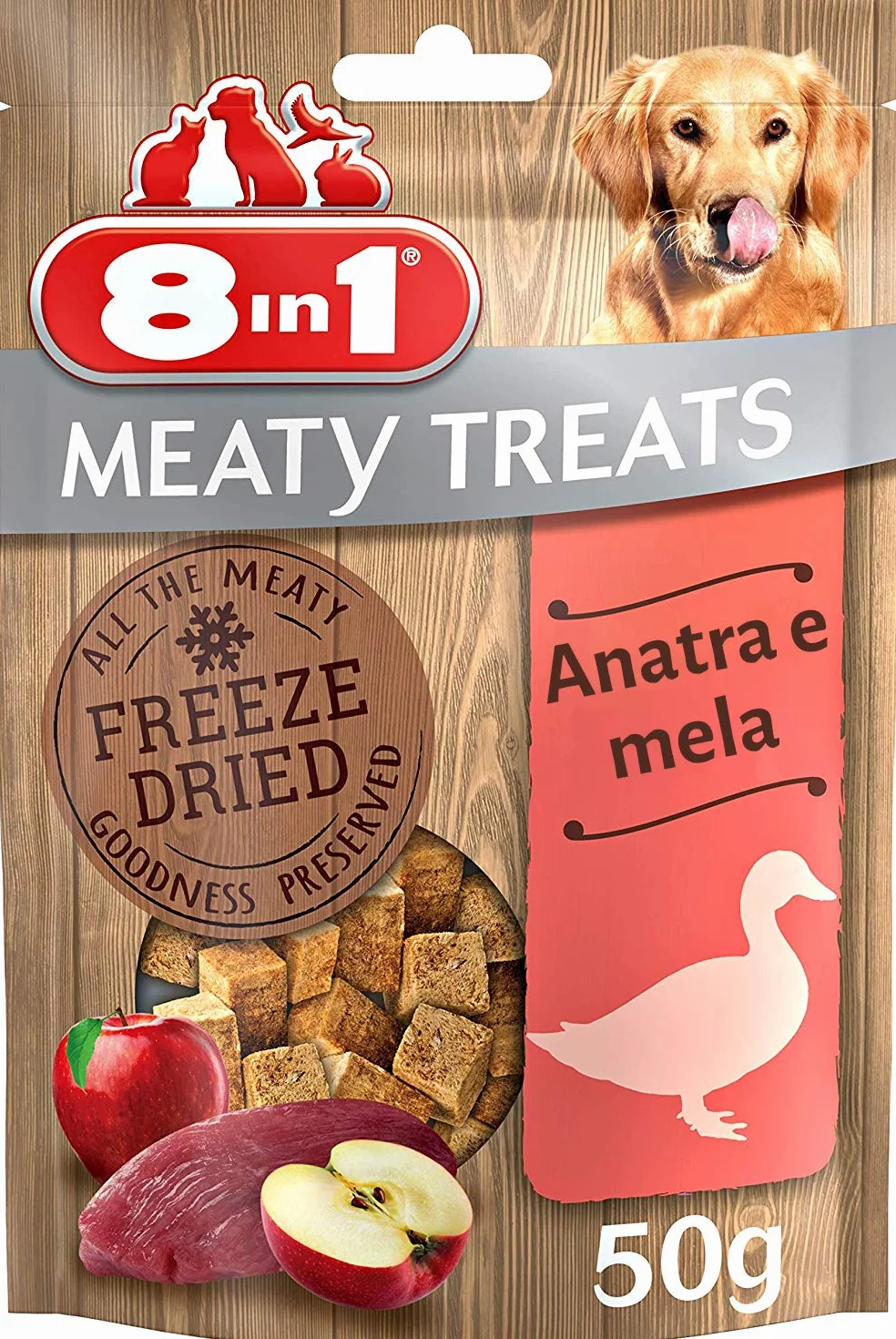 8in1 Meaty Treats - Snack liofilizzati per cani con anatra e mela, senza cereali e senza zucchero, 50 g