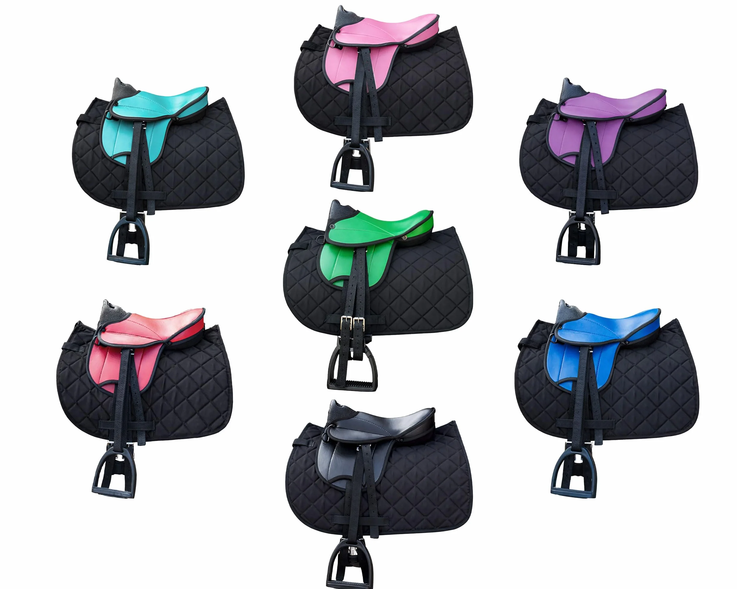 Brama West Set di sella per cavalli in legno "My Happy Pony" | Sella per Shetty Pony cavallo in legno | con copertura sella, cinghia per sella, staffe e staffe | Sella viola/coperta nera